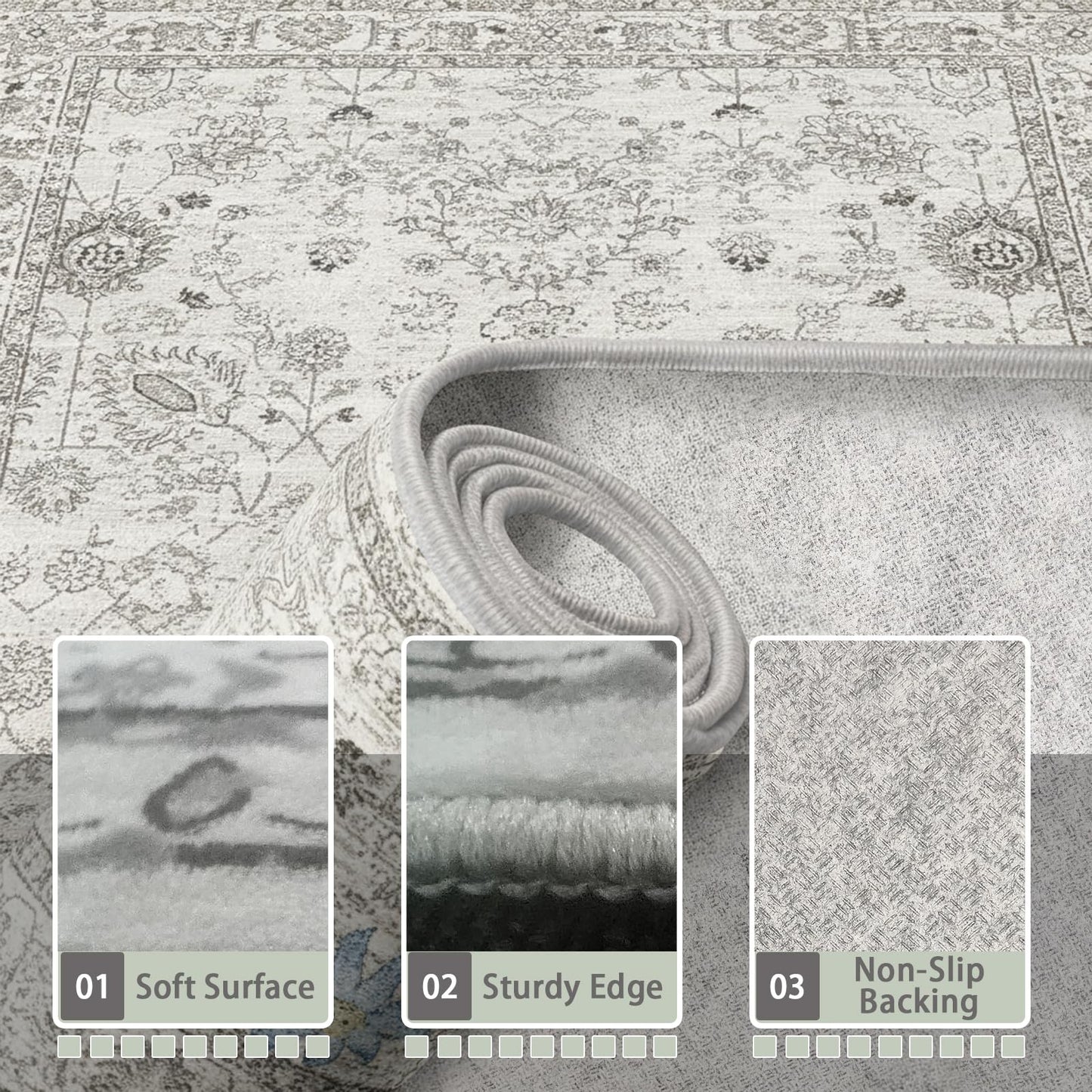 Washable Area Rug 8x10 Gray, Large Soft Rugs for Living Room Floral Grey White Carpet 8x10 Area Rugs for Bedroom Dining Room Non-Slip Stain Resistant Under Table Rug (8 x 10, Grey White)