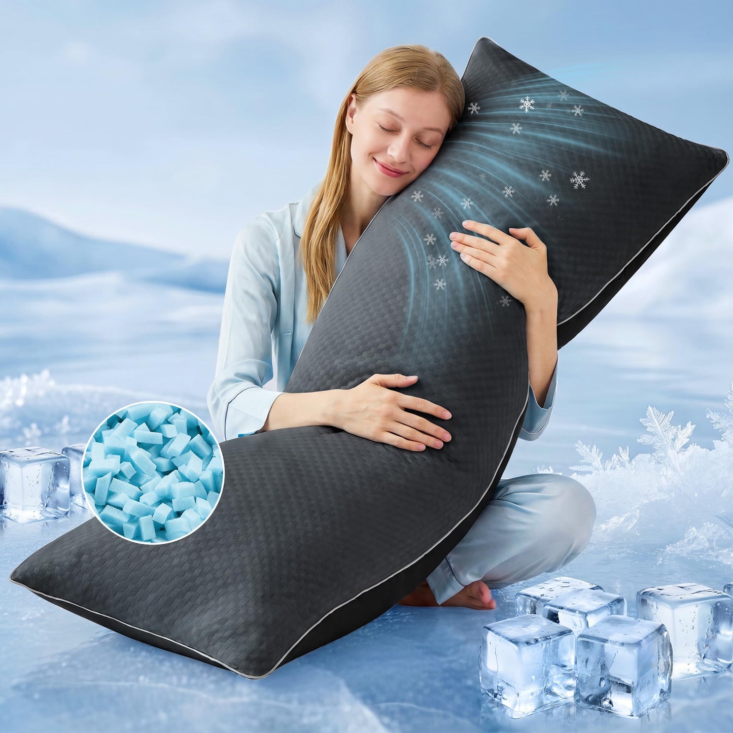 YZ HOME Cooling Body Pillow for Adults- Pillow Insert with Shredded Blue Memory Foam, Soft Support for Side Sleeper, Pregnant Women，Back Pain Relief, Washable Pillowcase (20x54 Inch, Dark Gray)