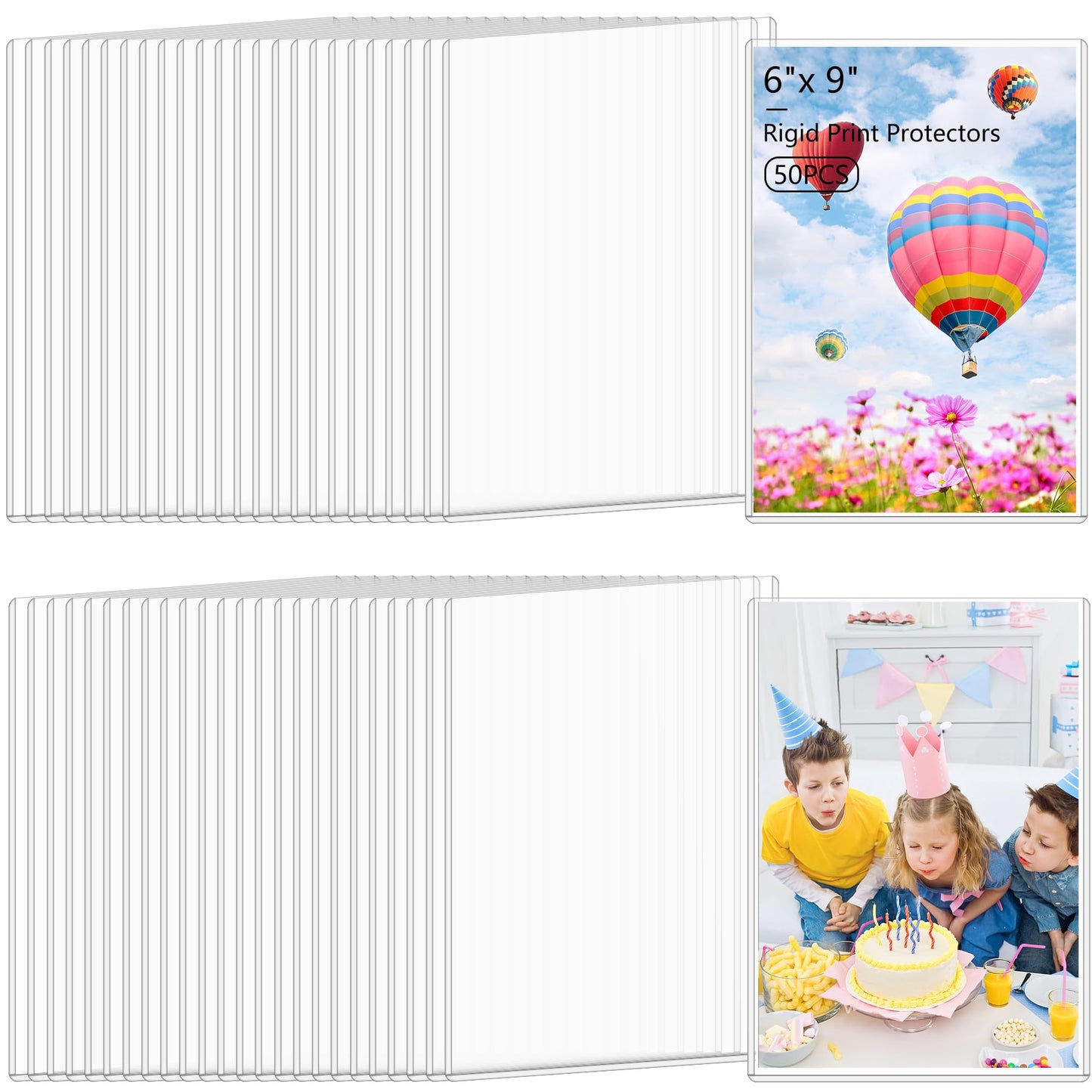 AKONEGE 50PCS 6" x 9" Rigid Print Protectors Clear Hard Plastic Large Card Sleeves for Jumbo Card, Top Loading Rigid Card Sheet Protectors for Postcards, Photos, Trading & Sports Cards