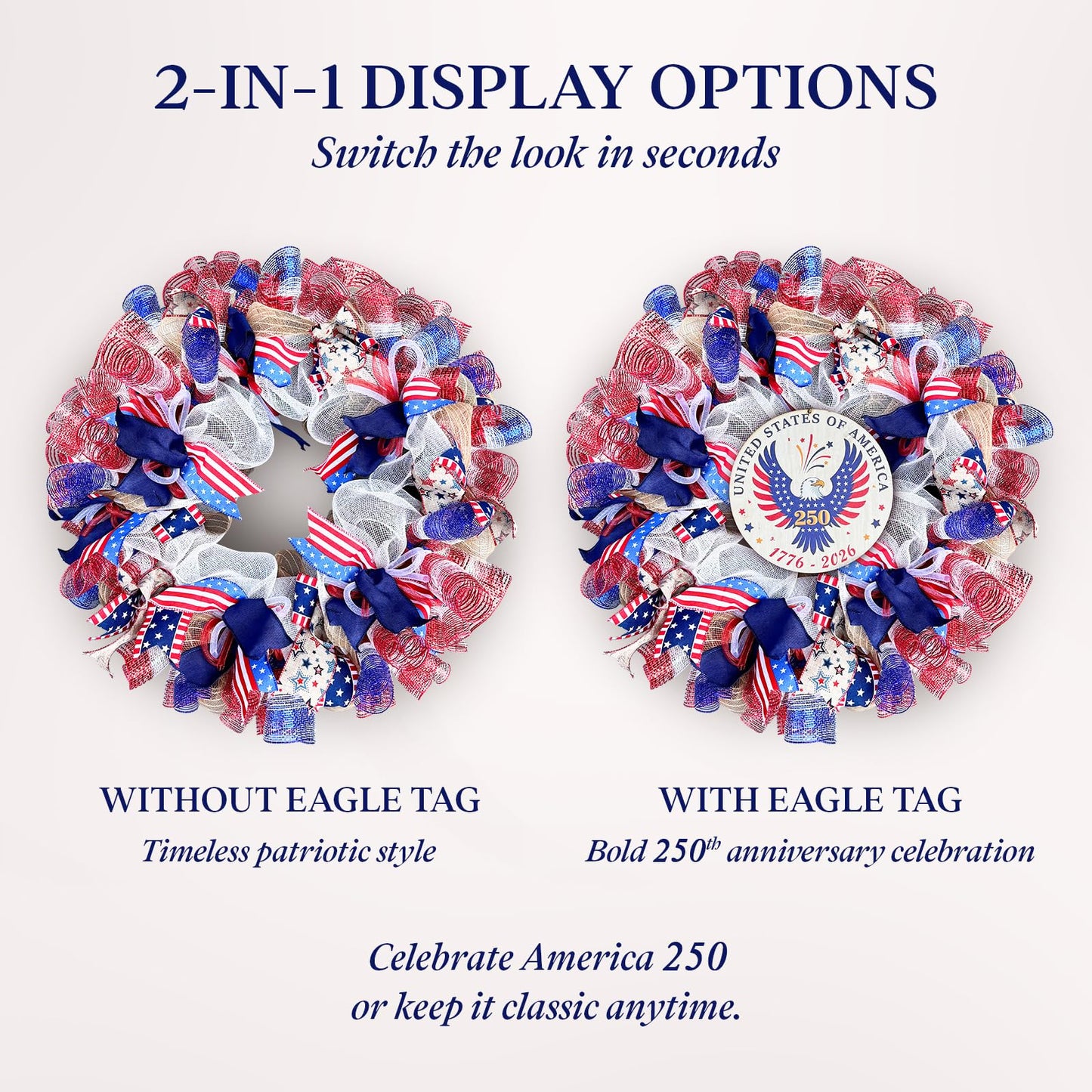 Presentastic 250th Anniversary Patriotic Wreaths for Front Door, 24 Inch Large 4th of July Wreath with Removable 1776-2026 Eagle Door Sign, Handcrafted Memorial Day Decorations with Light &Storage Bag