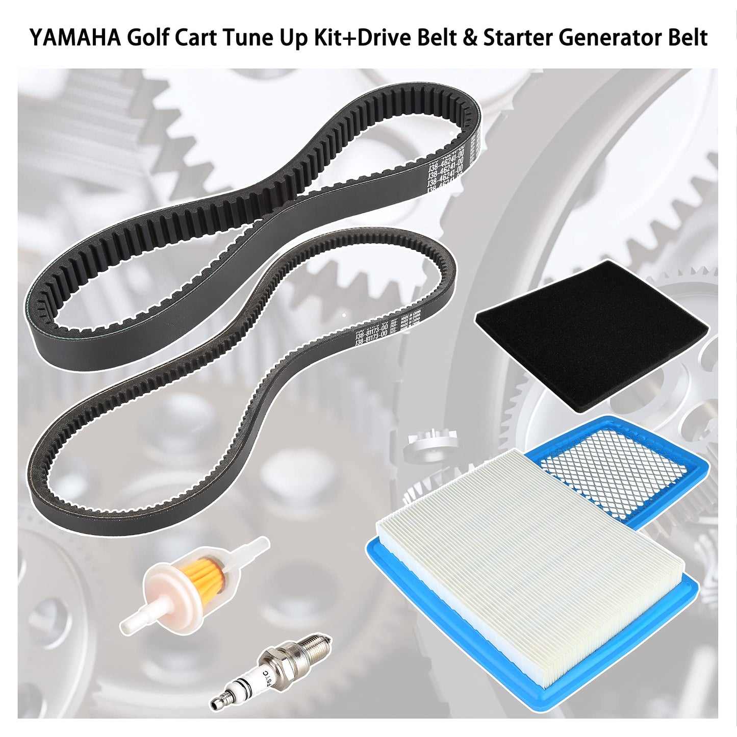 10L0L Golf Cart Tune Up Kit with Starter Generator Belt & Drive Belt for Yamaha 1996-up G16 G19 G22 & 2012-up G29 Gas Model W/ 4 Cycle 301cc 357cc Engine Air Filter Pre Fuel Filter Spark Plug