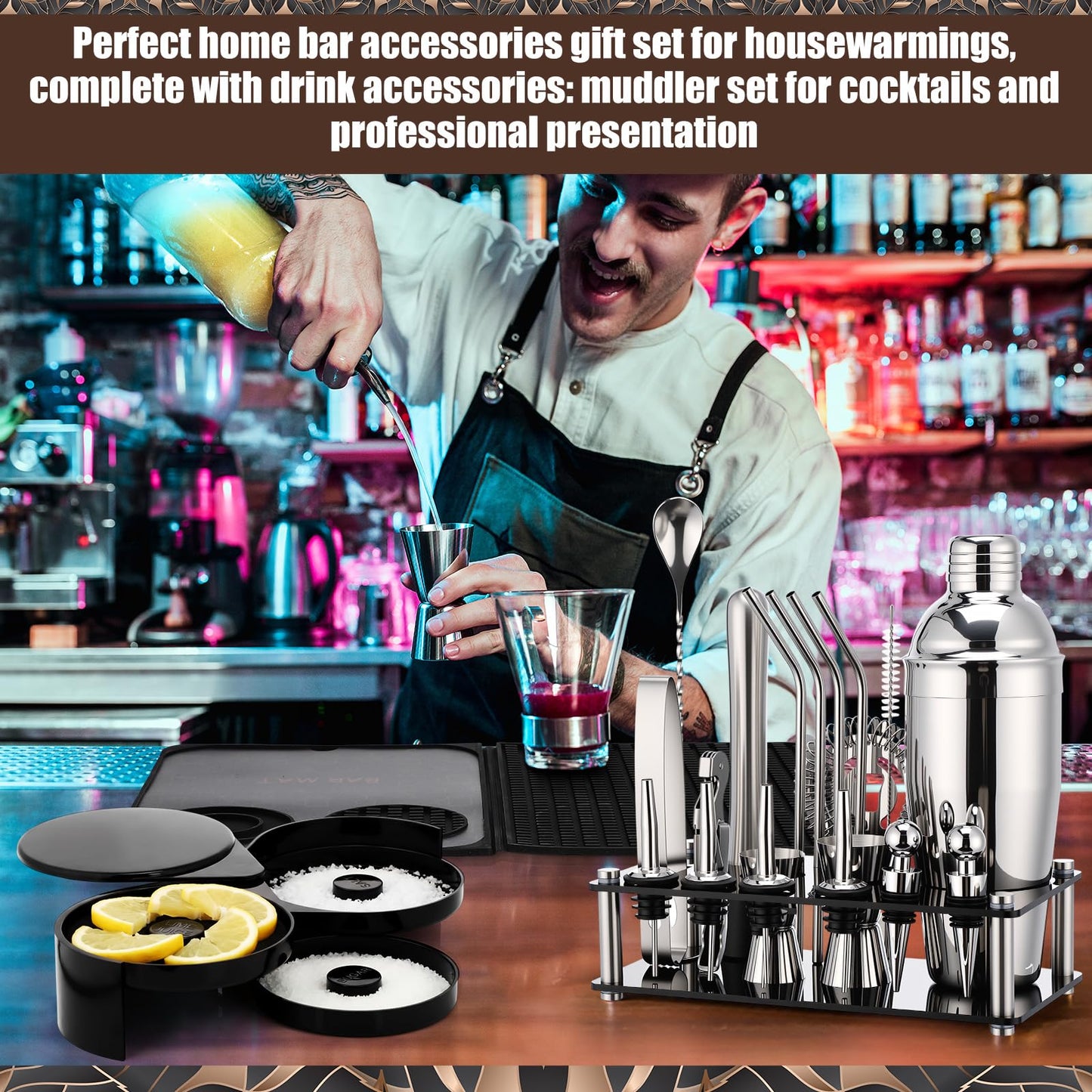 Acellegic 28 Pcs Cocktail Shaker Set and Bartender Kit with Stand, 18 x 12 Inch Folding Bar Mat with Cutting Board, 3 Tier Bar Glass Rimmer, Liquor Pour Spout Bartender Tool Gift for Home and Mixology