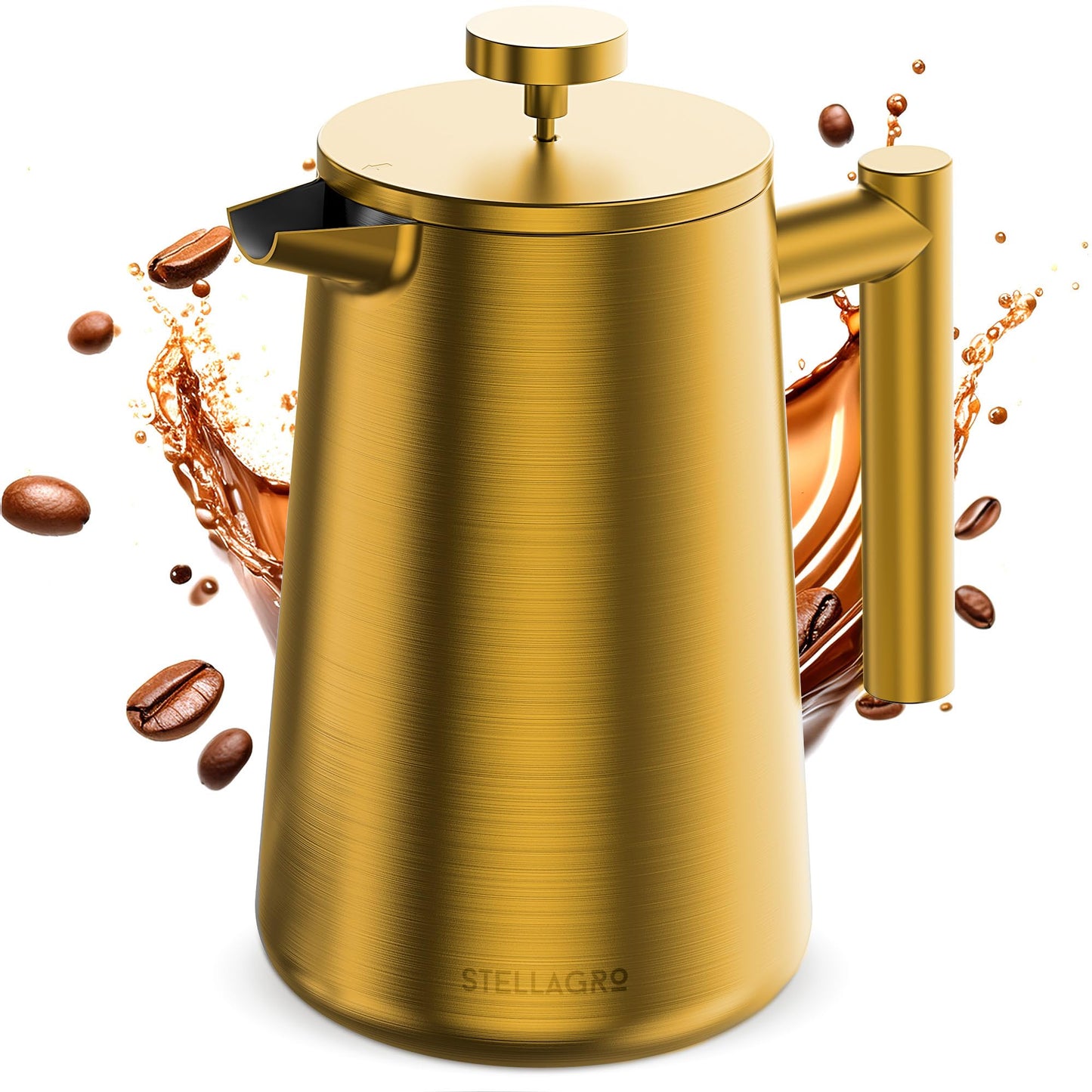 STELLAGRO French Press Coffee Maker, Stainless Steel French Press 34 Oz / 1L, Double Wall Insulated Coffee Press with 3 Extra Mesh Filters, Metal Coffee Maker for Coffee & Tea, Satin Finish, Gold