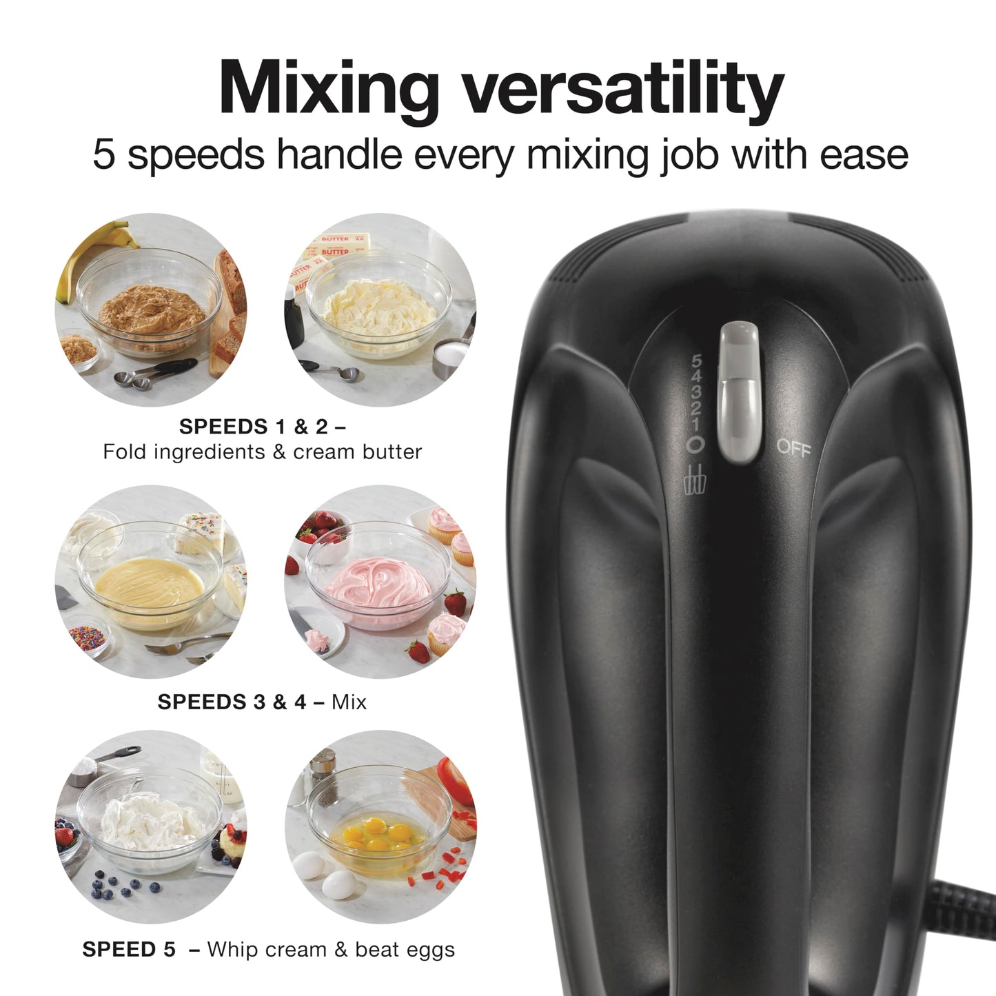 Proctor Silex Easy Mix 5-Speed Electric Hand Mixer with Bowl Rest, Compact and Lightweight, 215 Watts of Peak Power, Storage Case, Black (62512)