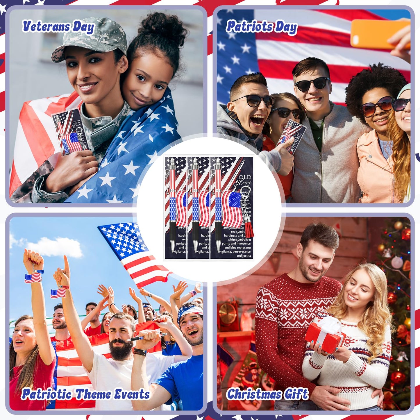 Sayglossy 50 Sets 250th Souvenirs Gift Flag Ballpoint Pen Flag USA Acrylic Keychain with The USA Patriotic Themed Card Souvenirs Gifts for Veteran Patriotic Independence Day Party Supplies