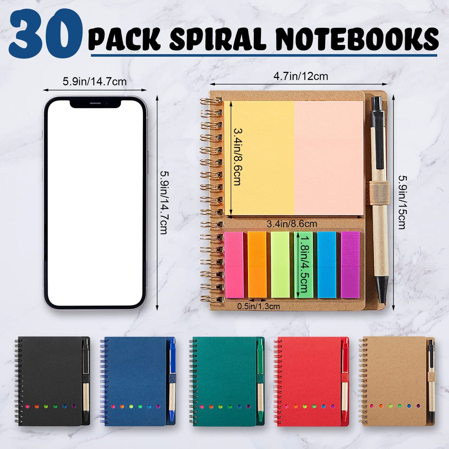 Jutom 30 Pack Lined Spiral Notebooks with Sticky Notes Pen Bulk Notepad and Pen Set Colorful Steno Pads Small Pocket Notebooks for Business Office School Supplies, 4.7 x 5.9 Inches