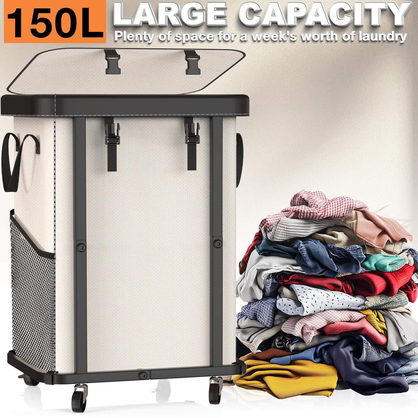 150L (40 Gal) Large Fashion Laundry Basket with Wheels, Leather Patchwork Rolling Hamper Carts, Sturdy Metal Frame, Removable Washable Bag, Tall Clothes Sorter for Bedroom, Laundry Room - Beige