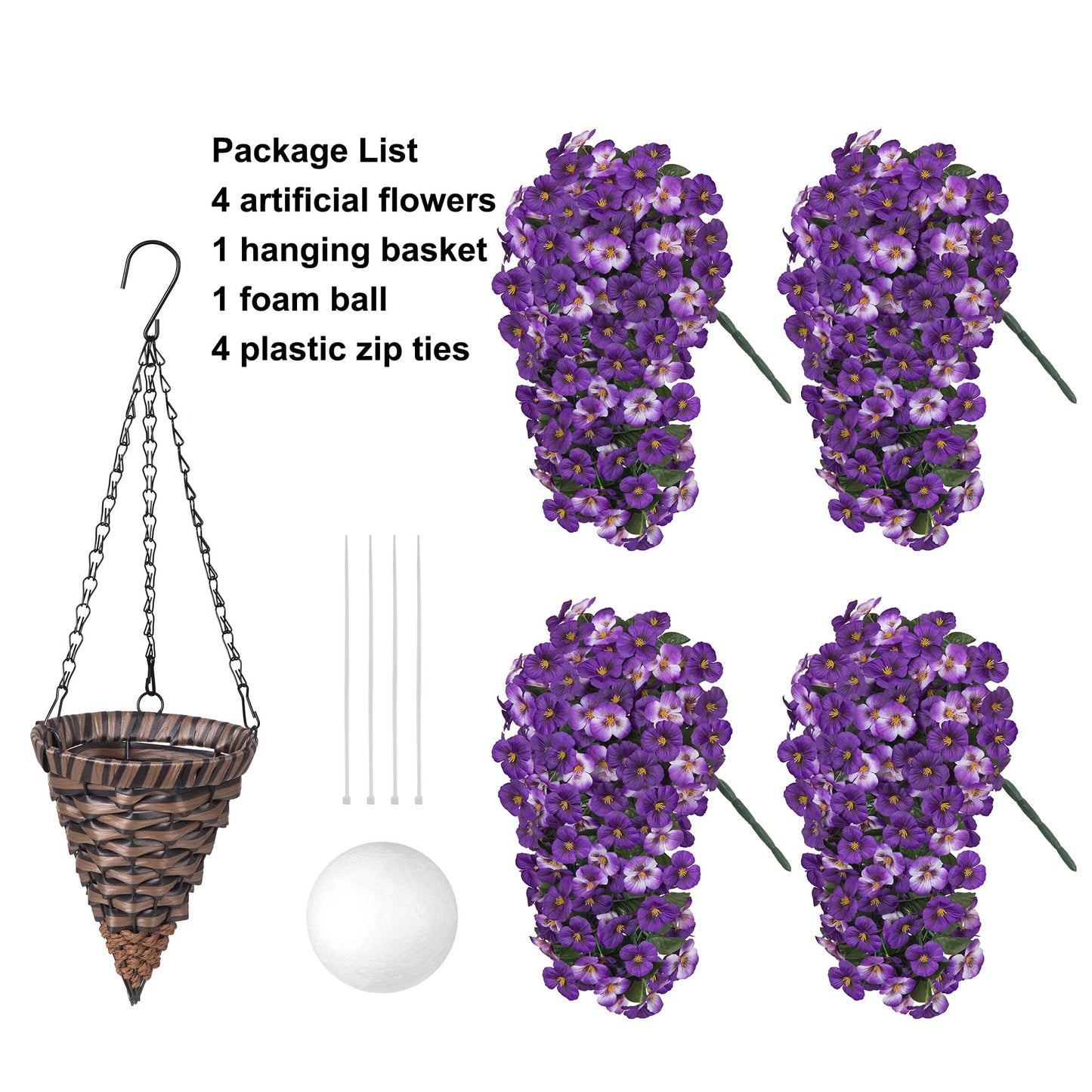 HyeFlora 4pcs Artificial Flowers for Outdoors Fake Pansy with Hanging Basket UV Resistant Silk Spring Faux Flowers for Outside Front Door Porch Yard (Mix Purple)