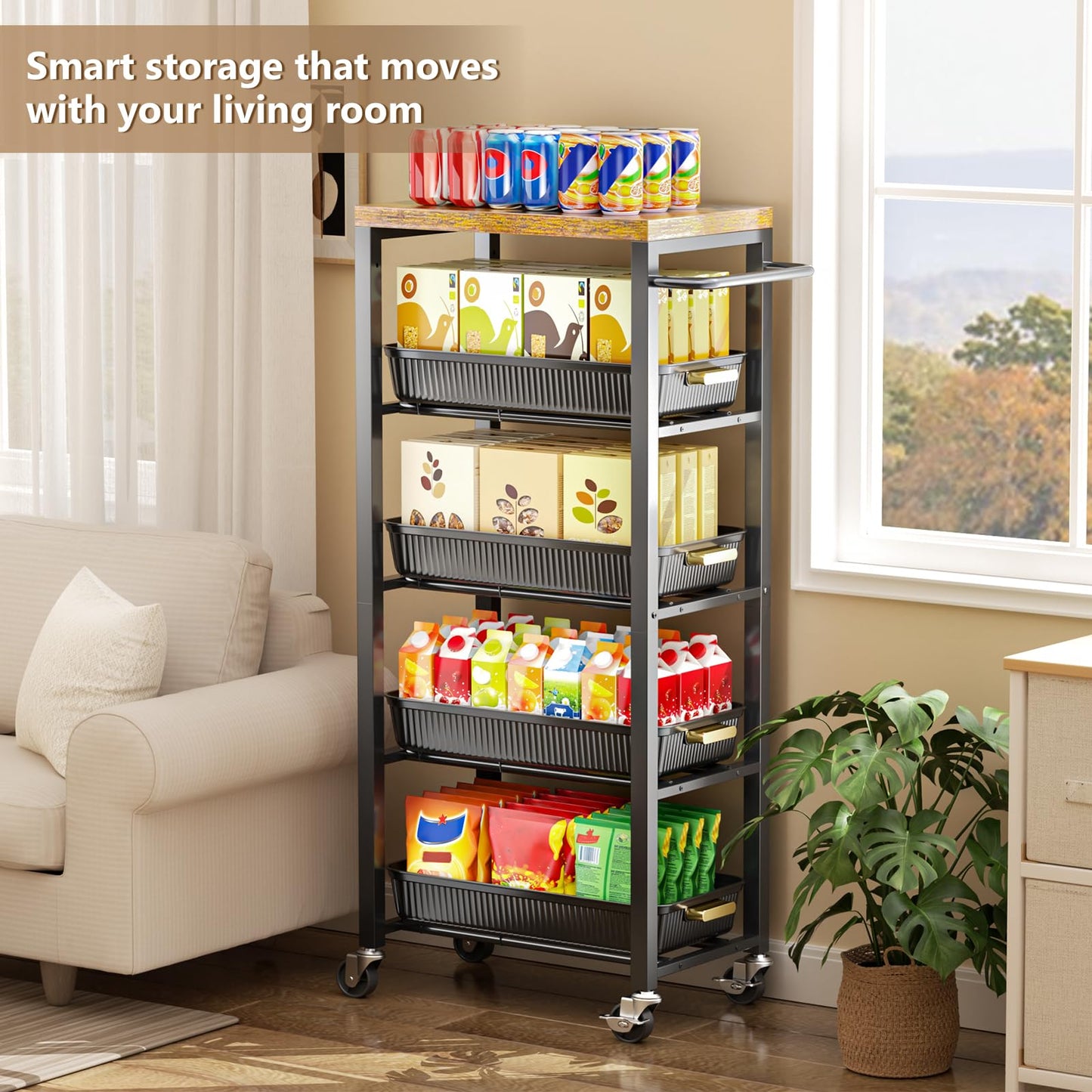Vivihomety 5-Tier Rolling Utility Cart with Wheels, Kitchen Storage Cart with Wooden Top & Pull-Out Mesh Baskets, Large Capacity Organizer for Kitchen, Bathroom, Laundry Room Black