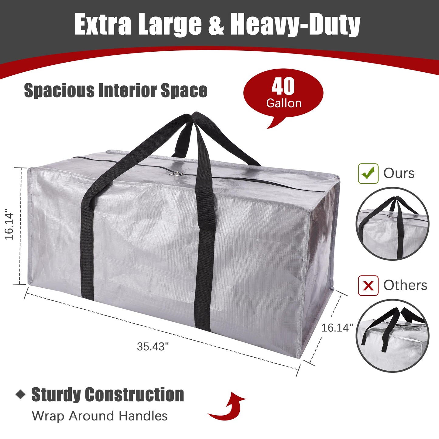 Extra Large Moving Bags with Zippers & Carrying Handles, Heavy-Duty Storage Tote for Space Saving Moving Storage, Fold Flat, Alternative to Box and Bin - 8 Pack, 40 Gal, Silver