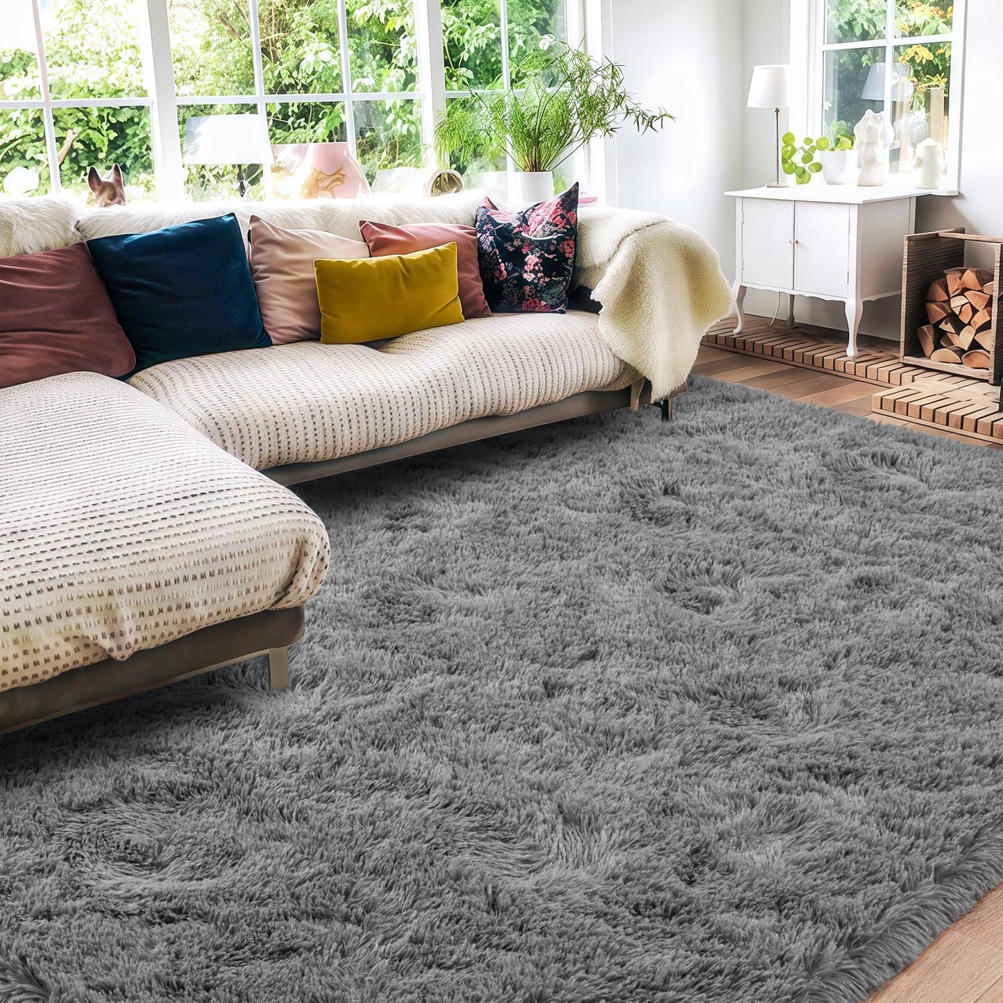Quntue 8x10 Area Rugs for Living Room, Large Ultra Fluffy Fuzzy Shag Grey Rug for Bedroom, Modern Plush Soft High Pile Upgrade Non-Slip Gray Carpet for Kids Girls and Boys, Dorms, Home Decor Aesthetic