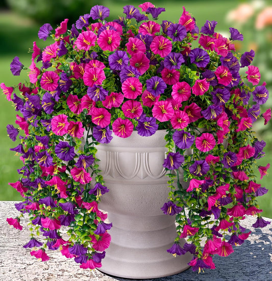 2 PCS Artificial Faux Hanging Flowers Plants for Outdoor Decor,Fake Silk Morning Glory with Eucalyptus UV Resistant Realistic Vines for Wall Home Porch Patio Balcony Yard Decor, Purple and Fuchsia