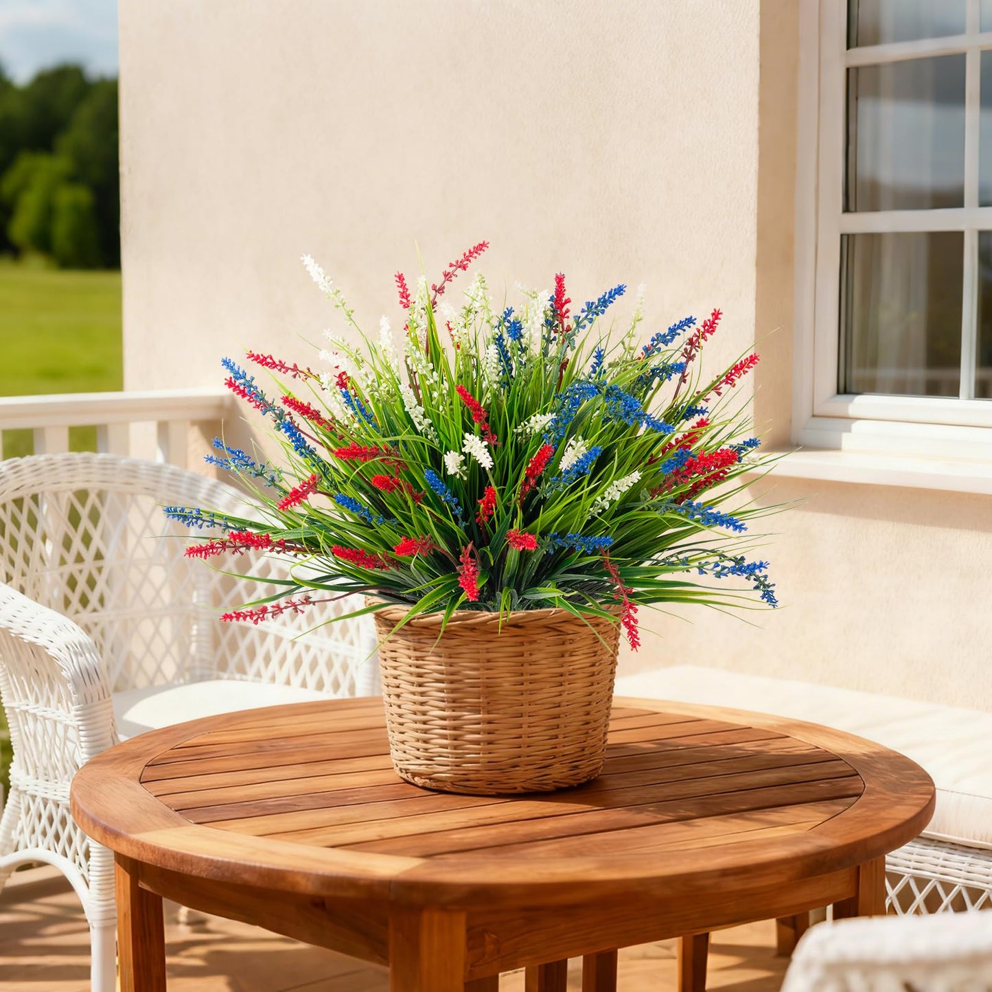 Ammyoo Artificial Faux Plants for Outdoor Spring Decoration, 12 Pcs Fake Monkey Grass for Garden Porch Balcony Planters, Fake Flowers Shrubs UV Resistant No Fade Plants Greenery Bush (Red Blue White)