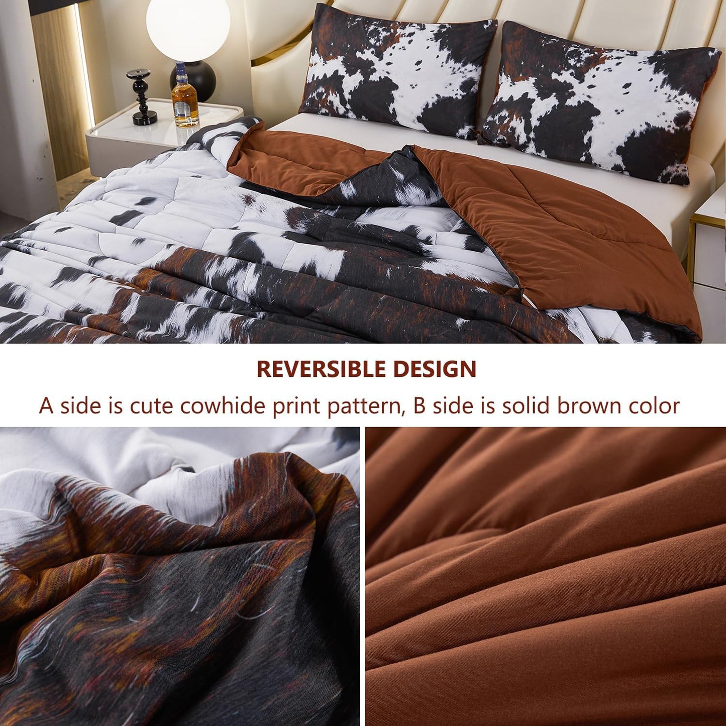 PERFEMET Black King Size Comforter Set 3 Pieces Cow Print Bedding Set Western Farmhouse Rustic Bed Comforter Animal Cowhide Quilt Set for Bedroom Decoration