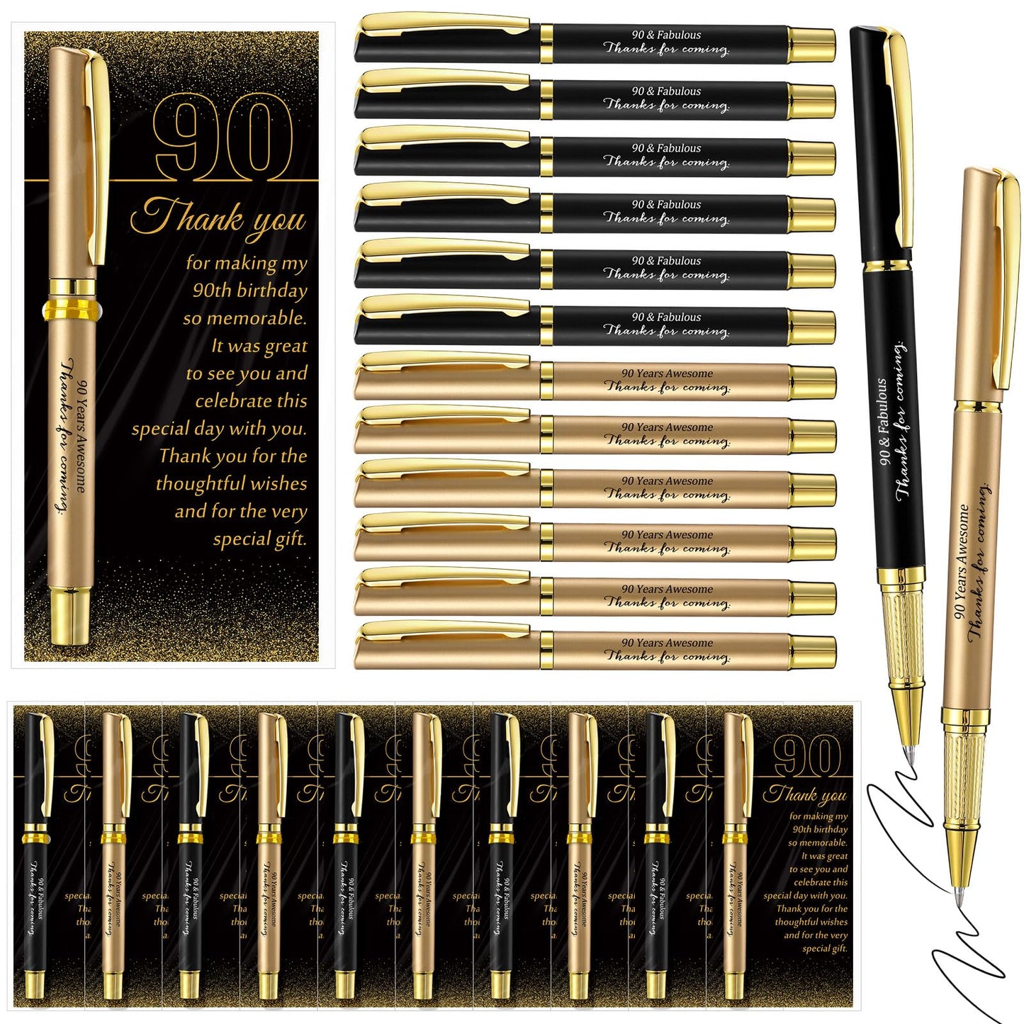 Feifeiya 30 Set 90th Birthday Party Favor for Guest Anniversary Party Favor with Black and Gold Ballpoint Pens and Thank You Cards for Women Men Birthday Anniversary Appreciation Gifts