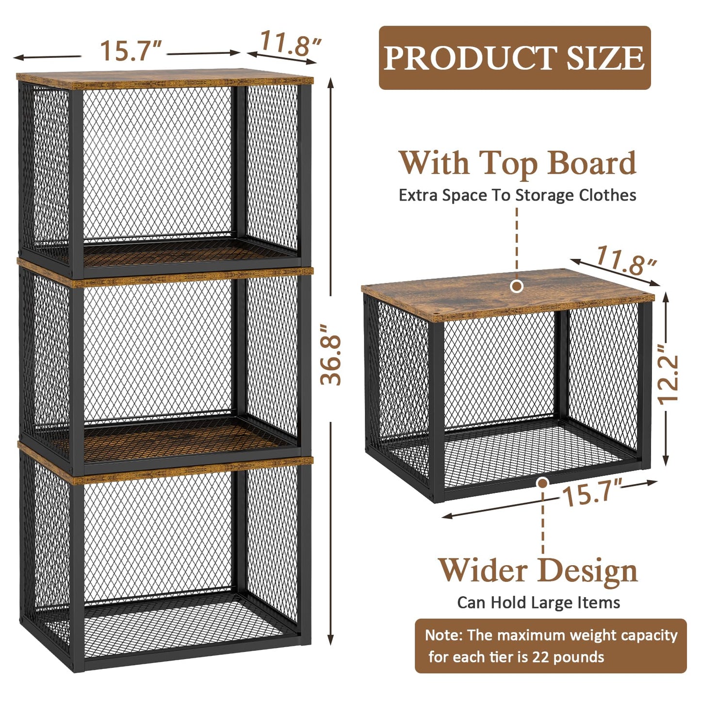 3 Pack Stackable Closet Organizers and Storage Basket, Closet Shelves with Wood Top Extra Storage, Multifunctional Clothes Organizer Bins/Cube Storage Drawer for Wardrobe Kitchen Laundry Room, Black