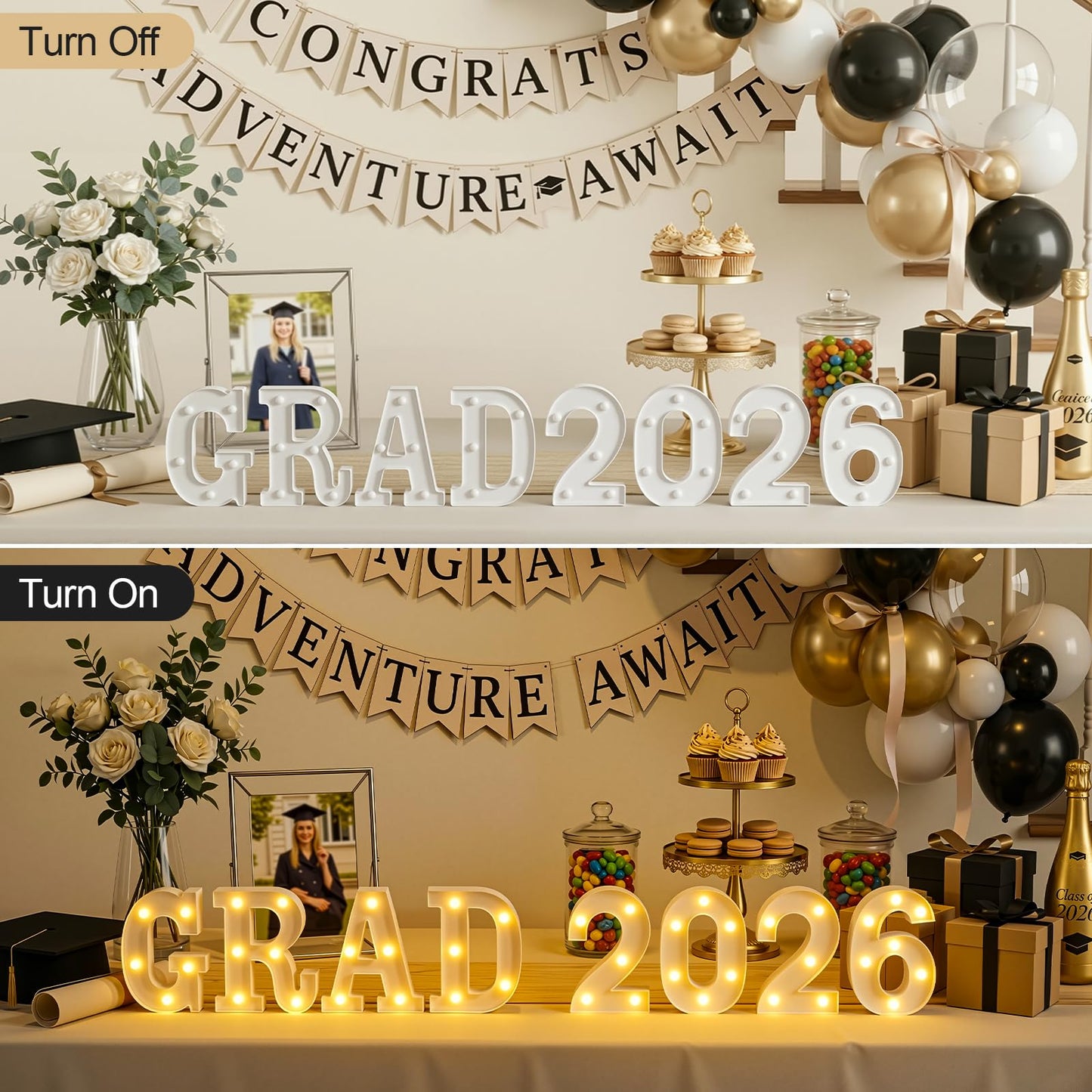OLANRUN 2026 Graduation Decorations - 8 Pcs LED Marquee Light Up Letters GRAD 2026 for Table & Wall, Class of 2026 Graduation Party Decor Supplies for Kindergarten Preschool High School College, 6.2in