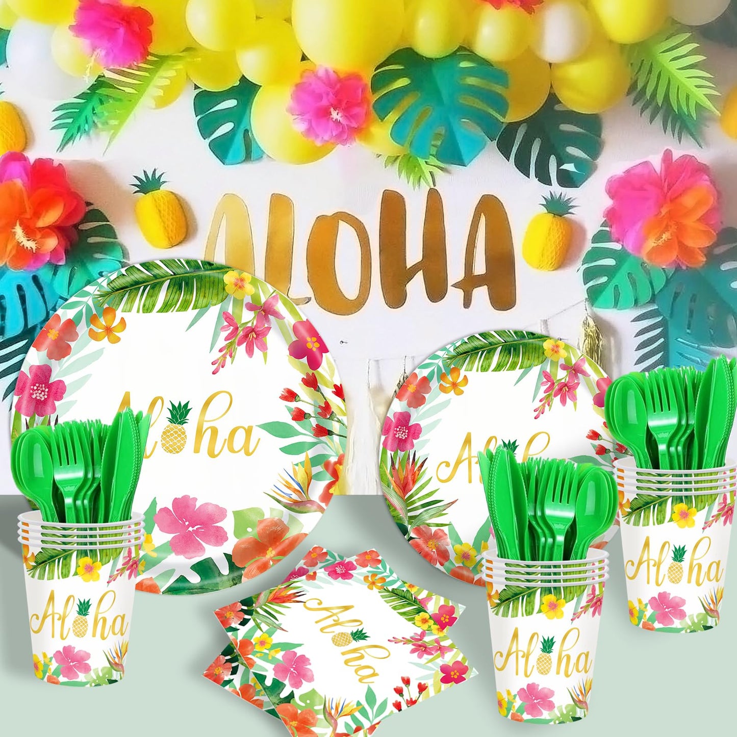Hawaiian Luau Party Decorations Supplies - 175 PCS Aloha Tropical Birthday Party Decorations Disposable Dinnerware Set (25 Guest) With Paper Plates Napkin Cup for Summer Beach Themed Pool