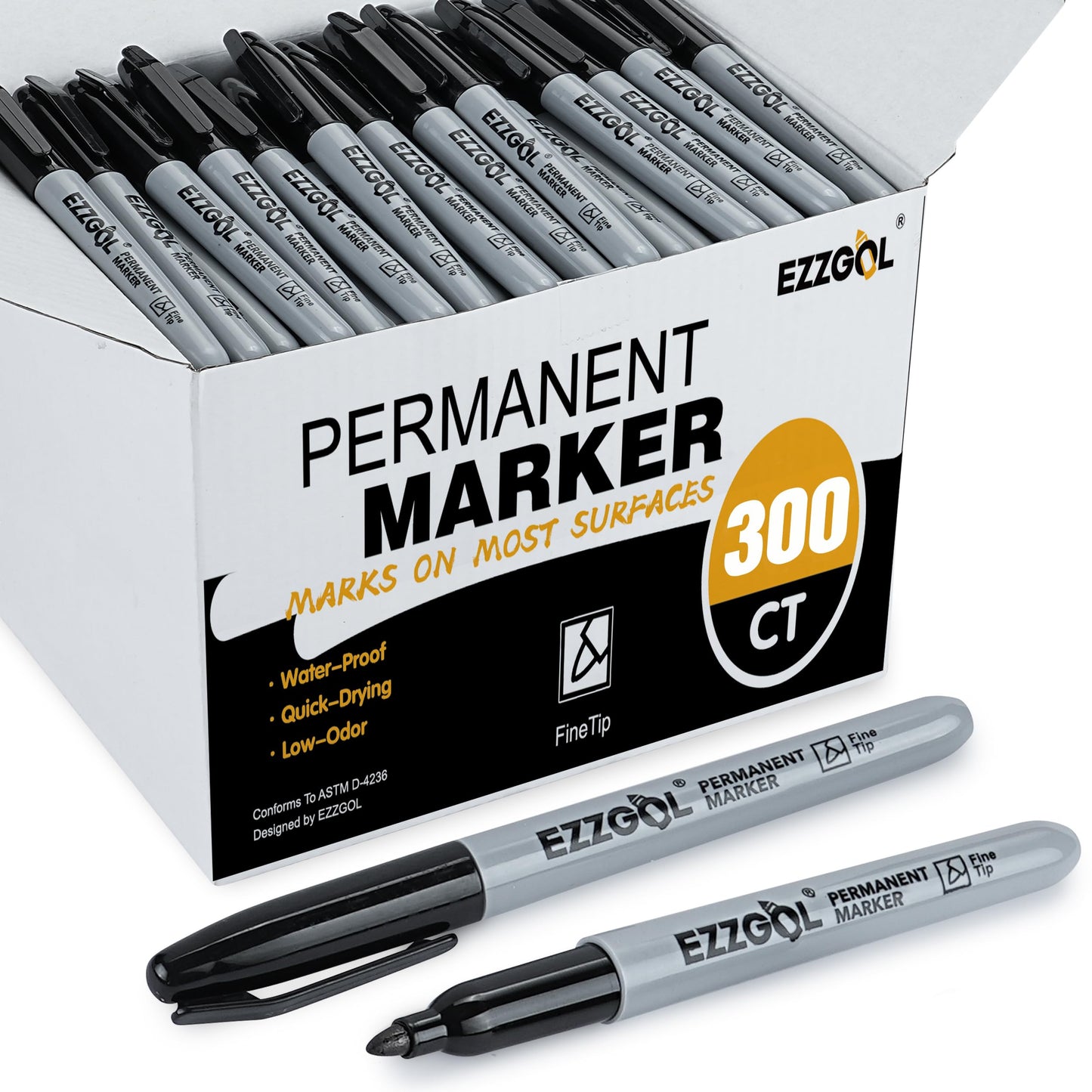Ezzgol Permanent Markers Bulk, 300 Pack Fine Tip Black Permanent Markers, Waterproof Markers, Premium Smear Proof Pens, Quick Drying, Office Supplies for School, Office, Home