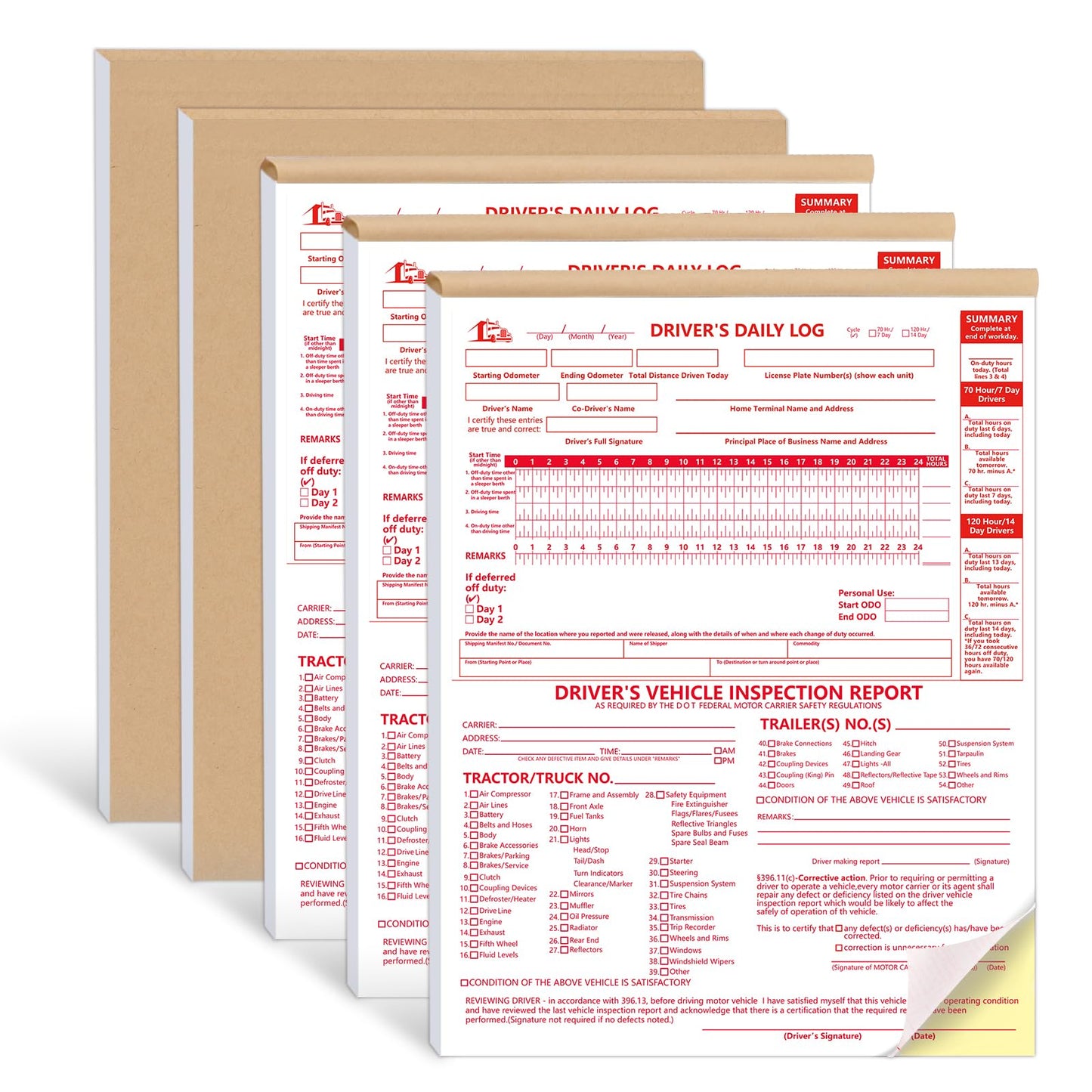 5 Pcs 8.5x11inch 2-in-1 Driver Log Books for Truckers Dot Log Book Driver Vehicle Inspection Report Log Books with Detail Backup Truck Inspection Forms 2-Ply Carbonless for Drivers （Large Size)
