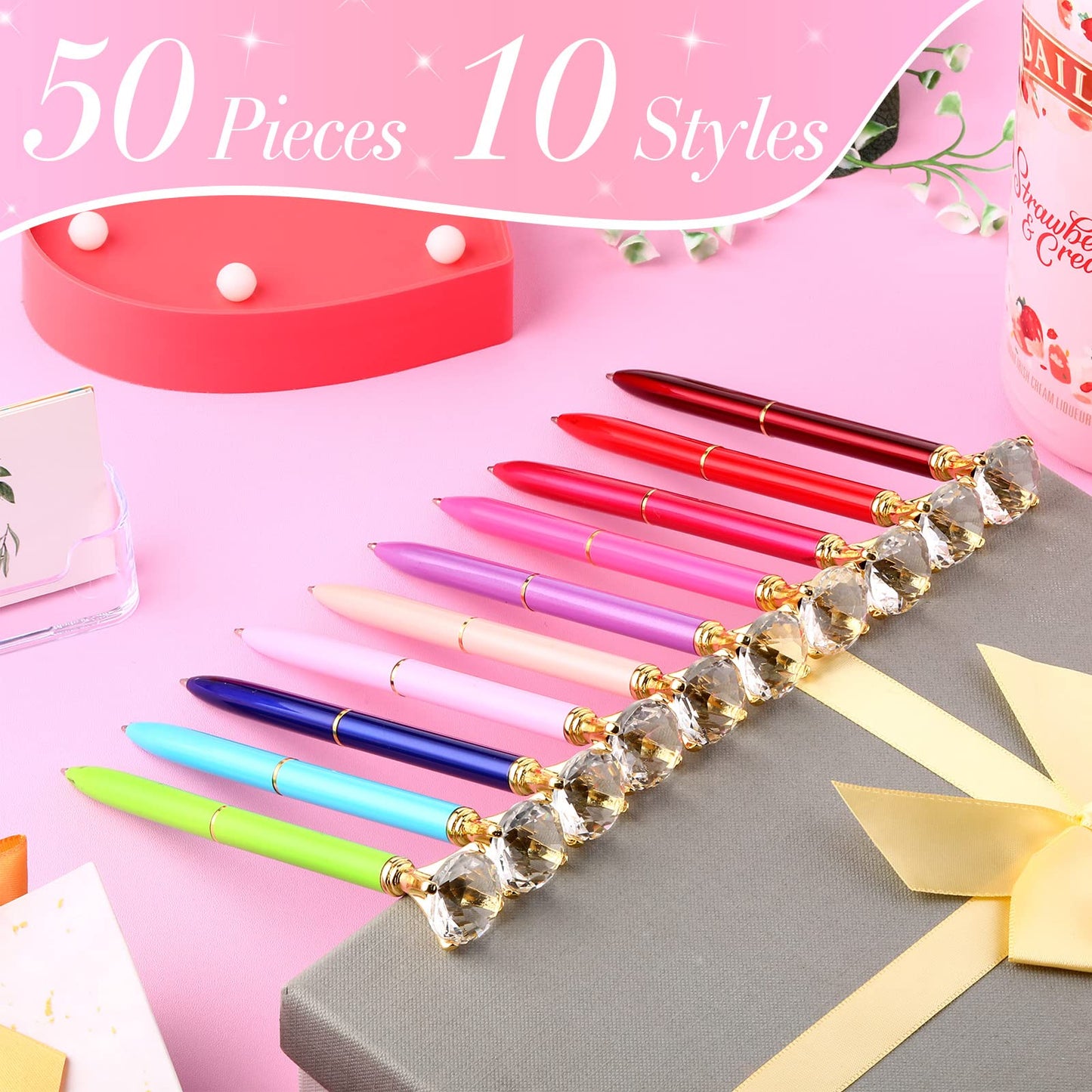 Yahenda 50 Pcs Christmas Gifts Diamond Pens Bridal Shower Ballpoint Pen Bulk Black Ink Bling Crystal Metal Bling with Diamond on Top for Women Bridesmaid Wedding Office School(Multicolor)