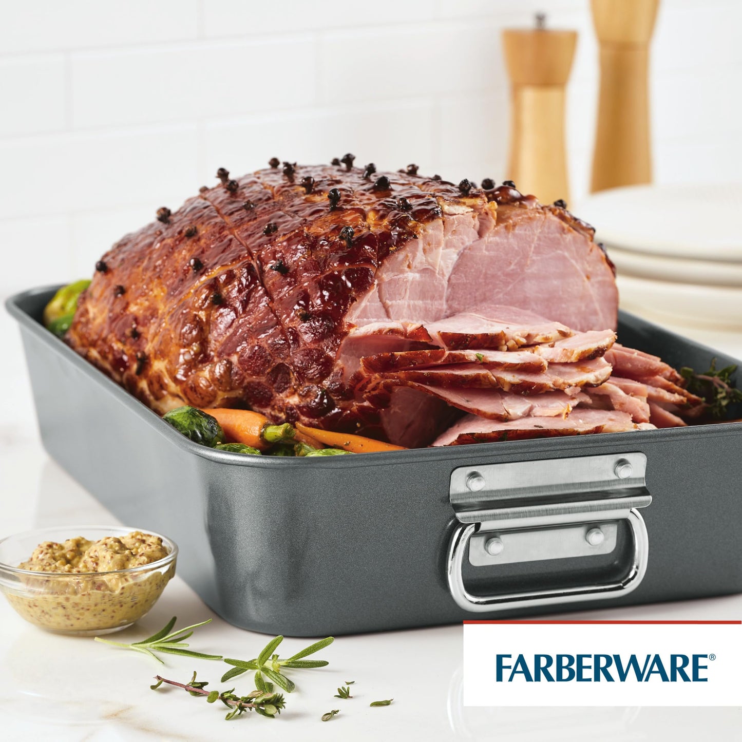 Farberware Bakeware Nonstick Roaster with Flat Rack, Roasting Pan with Rack For Home Cooking, 11-Inch x 15-Inch, Gray