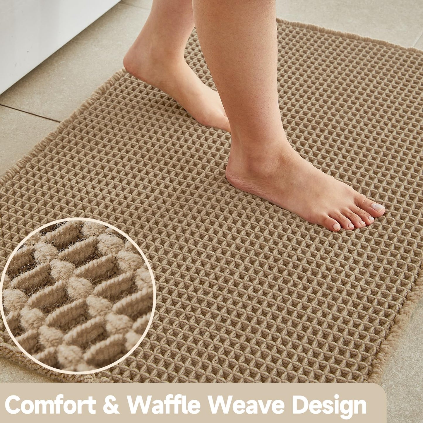 TYUU Waffle Bath Mat, Boho Bathroom Rugs Non Slip Washable Super Absorbent Quick Dry Farmhouse Bathroom Decor, 36"x24" / 3' x 2' Khaki