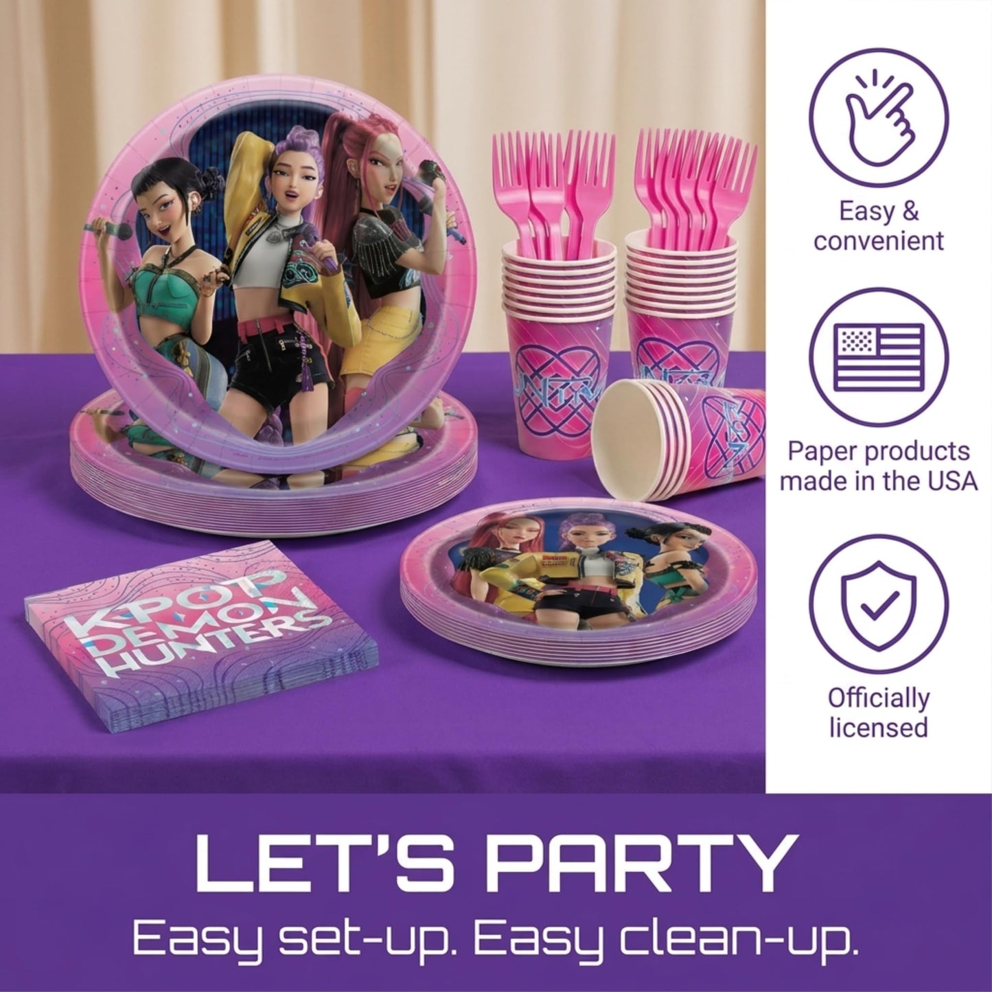 KPop Demon Hunters Birthday Decorations | KPop Demon Hunters Plates and Napkins, Cups, Forks | Officially Licensed