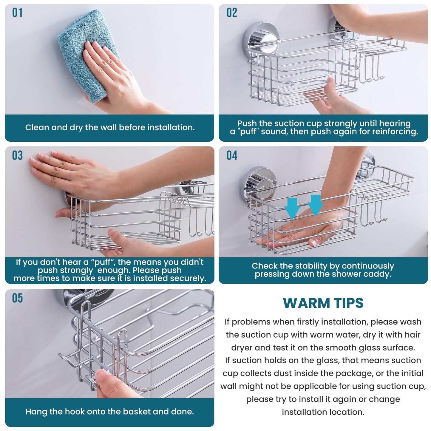 TAILI Shower Caddy Suction Cup 2 Pack with Hooks and Soap Holder, Heavy Duty Shower Organizer for Bathroom, No Drilling Silver Bathroom Suction Shelves-Silver