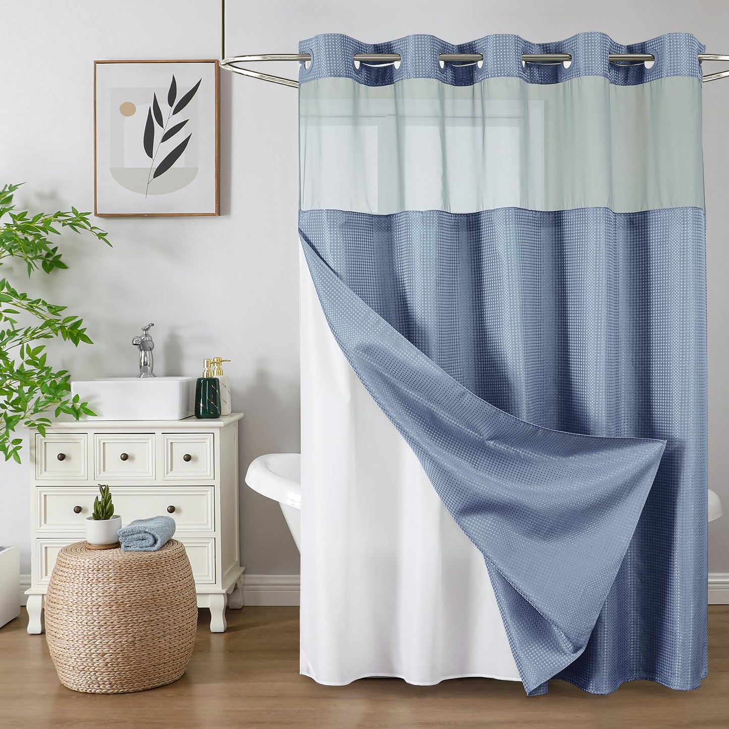 No Hook Shower Curtain with Snap in Fabric Liner, Waffle Weave Heavy Duty Thick Shower Curtains with Mesh Top Window, Hotel Style Waterproof Bathroom Curtain Set, 72 x 75 Inch, Moonlight Blue