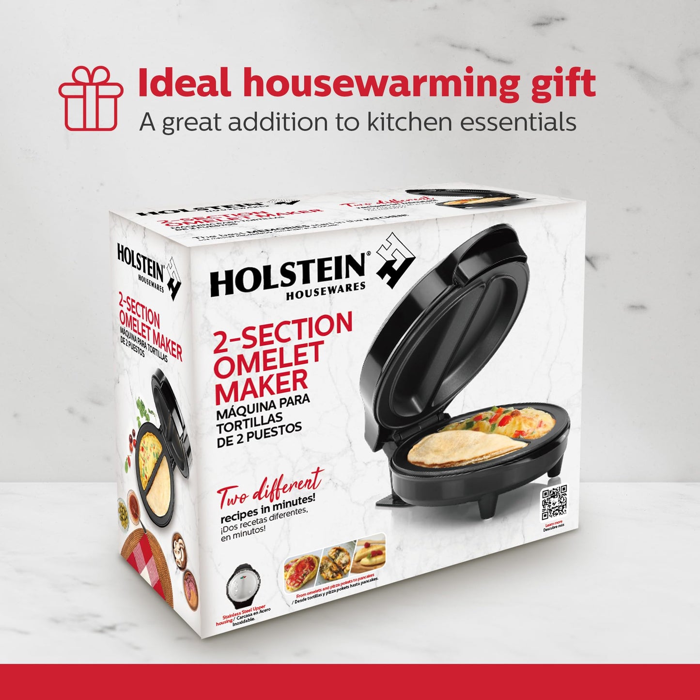 Holstein Housewares Stainless Steel 2 Section Omelet & Frittata Maker, Non Stick Coating, Easy To Clean, Indicator Lights, Compact Storage, Prepare Versatile Recipes in Minutes. 2 Portions, Black