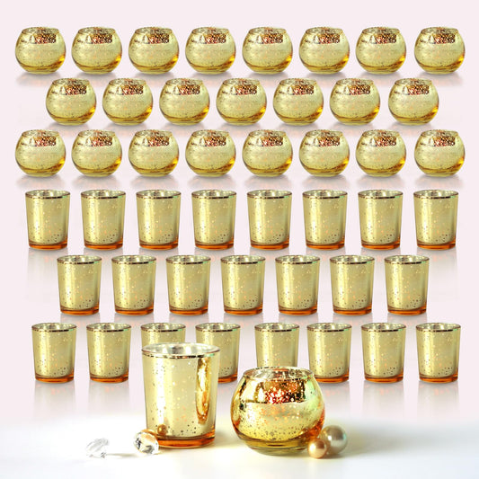48pcs Assorted Gold Votive Candle Holders Bulk for Table Centerpieces,Mercury Glass Candle Holder for Tea Lights,Wedding Decorations, Christmas/Diwali Decorations for Home,Gold Party Supplies