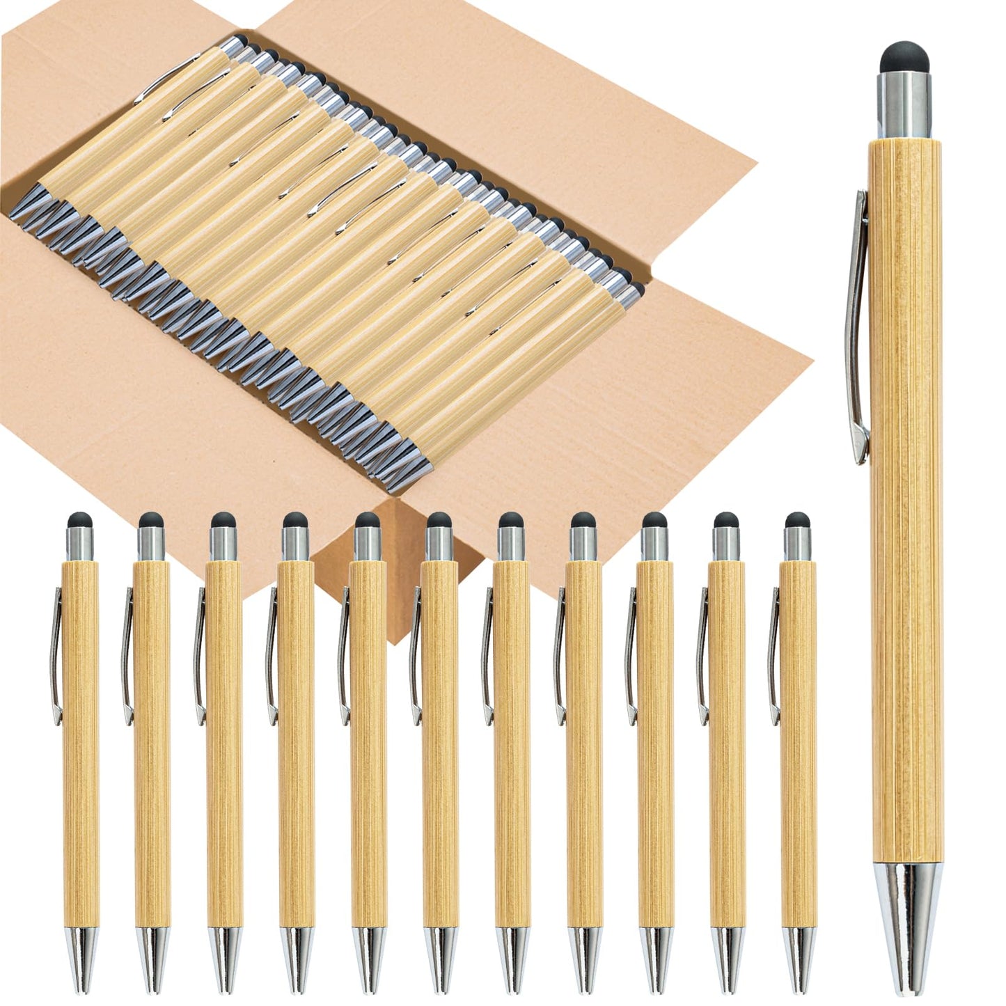lyforx 100pcs Bamboo Pens Bulk with Touch Stylus Tip Wooden Bamboo Pens Engraving Wooden Ballpoint Pen Customizable Gift Pen Bulk
