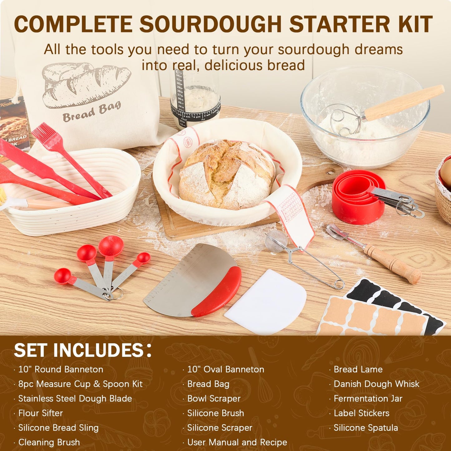 KNEDWRMY Sourdough Starter Kit & Sourdough Bread Baking Supplies-10" Round & Oval Banneton Proofing Baskets, 32 oz Sourdough Starter Glass Jar, Bread Making Tools, for Bread Making/Baking Fermentation
