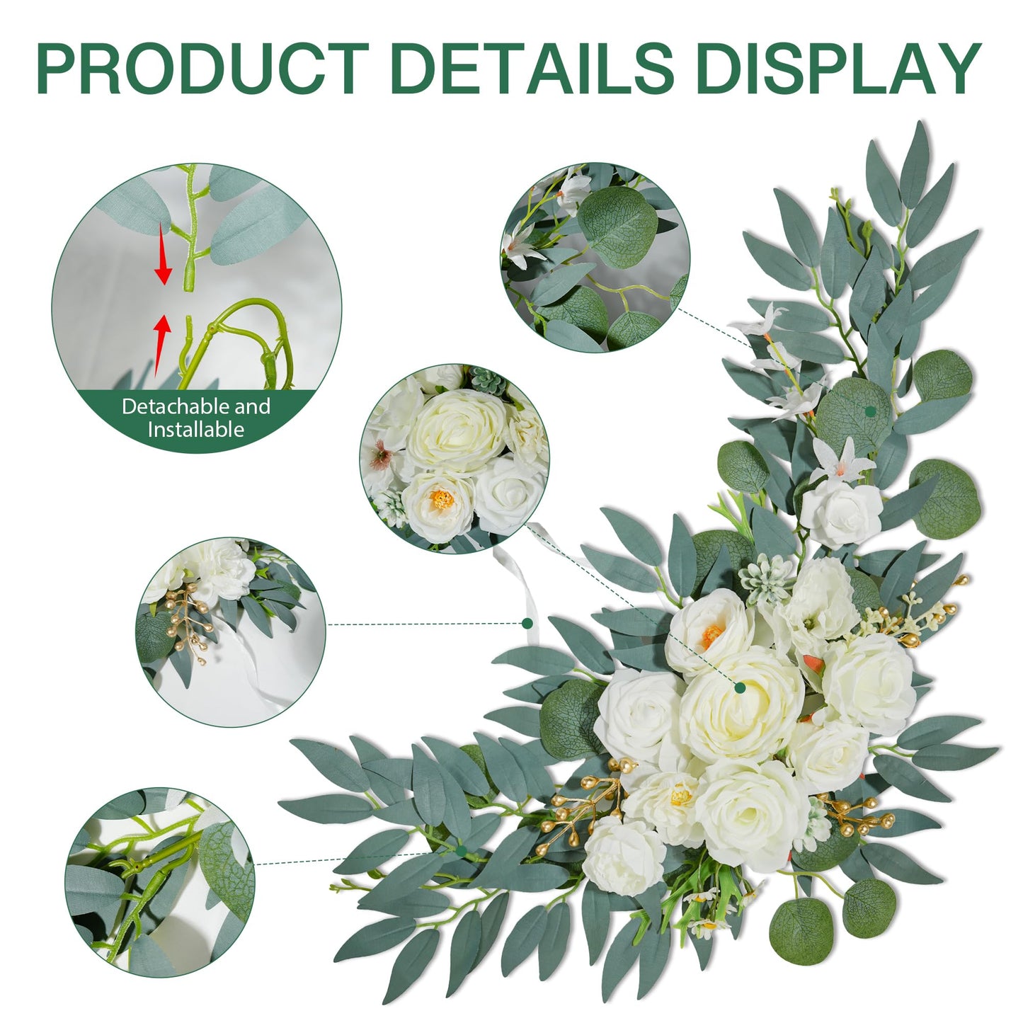 NKLTD Wedding Arch Flowers (2pack),Flower Arch Stand,Flower Garland,for Wedding Outdoor Decorations Floral swags and Garlands Chair Decorations etc isle Decor,Reusable.（White）