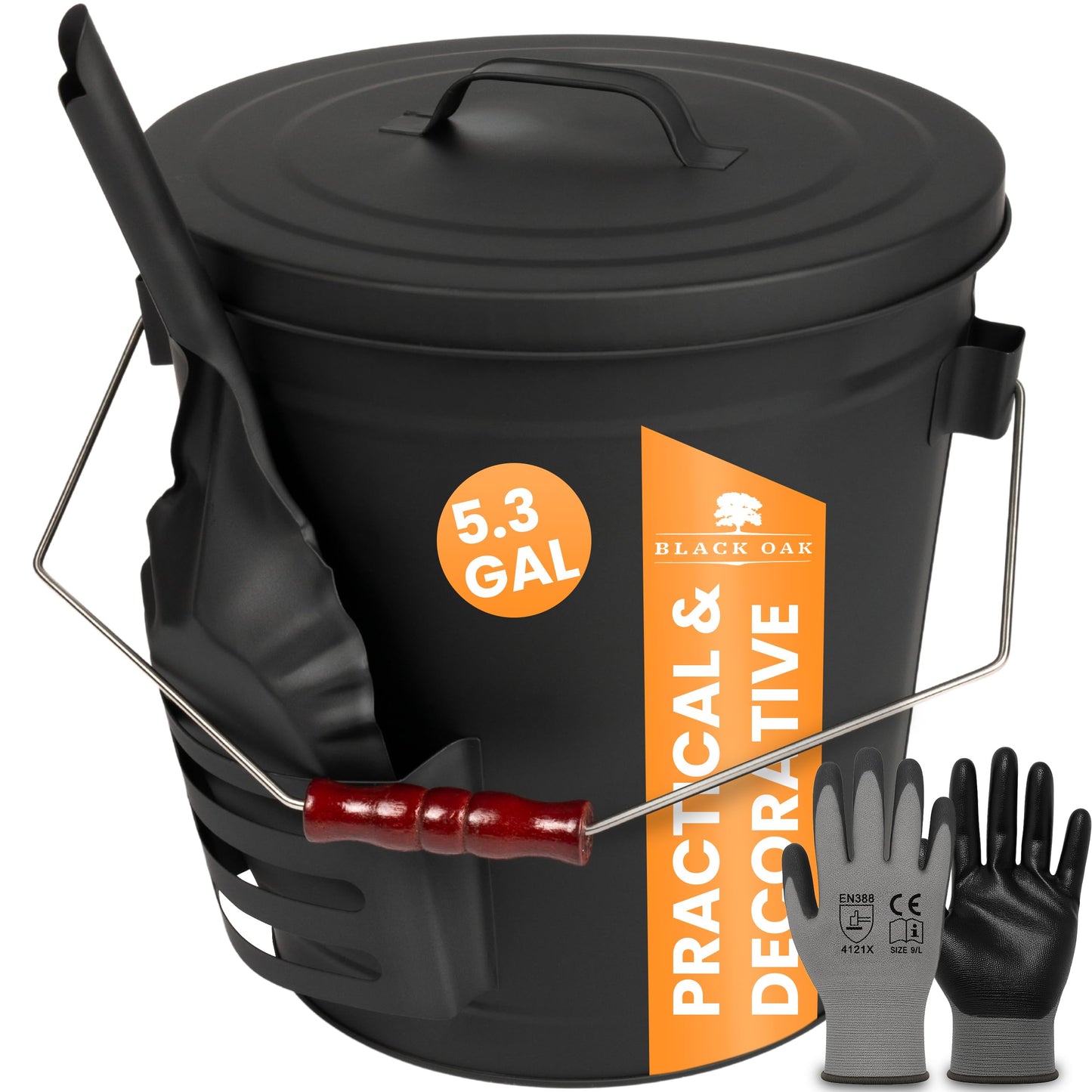 BLACK OAK Ash Bucket Stromboli 5.3 GAL –Black with lid, Shovel & Gloves –Silver Handle –Large 20L, Fireproof Galvanized Steel & Powder-Coated, ash & Coal, Fireplace, Tiled Stove, Wood-Burning Stove