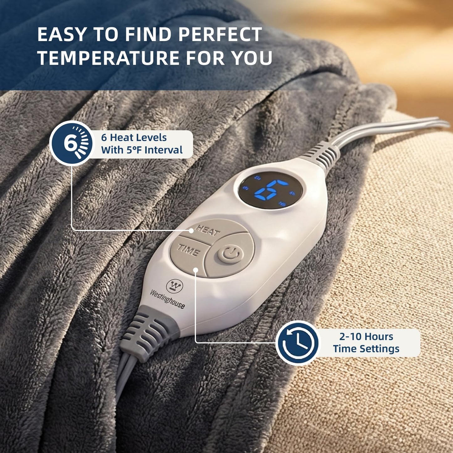 Westinghouse Heated Blanket Throw, Electric Throw with 6 Heating Levels, 2-10 Hours Time Settings, Overheat Protection, Machine Washable, Flannel (Throw, 50x60 Inches, Charcoal)