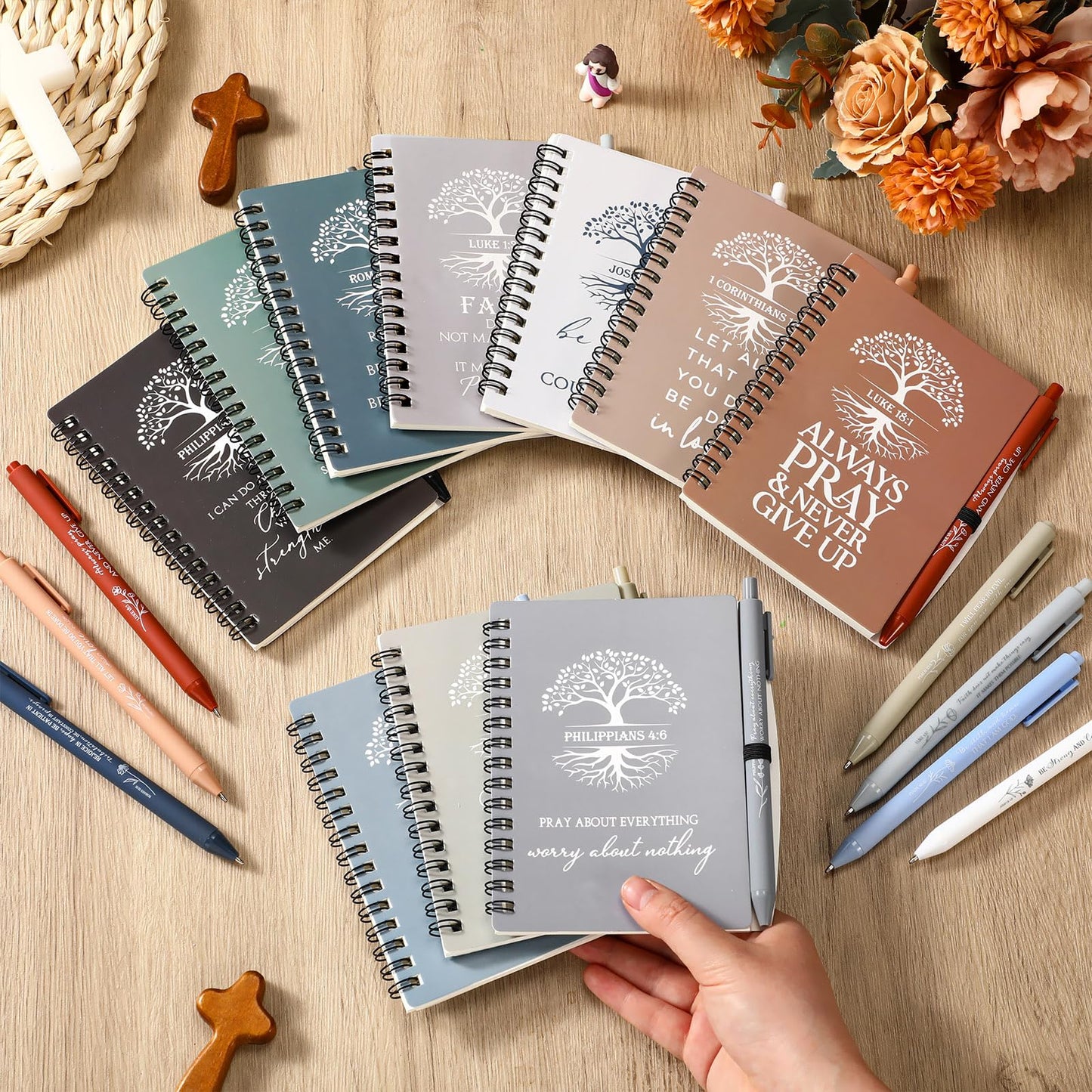 Kosiz 80 Pcs Fathers Day Christian Gifts Bulk Prayer Journal Bible Verse Religious Spiral Notebook with Pen Tree of Life Scripture Notepad Church Gifts for Women Men Bible Study Group (Boho Color)