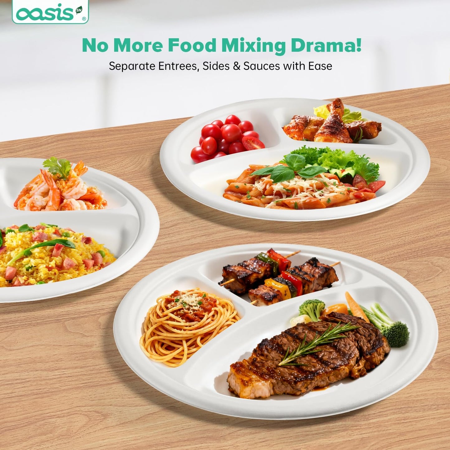 OasisSN 𝟭𝟬 𝗶𝗻𝗰𝗵, 𝟭𝟮𝟴-𝗣𝗮𝗰𝗸 3-Compartment Disposable Paper Plates, Compostable Heavy-Duty Divided Plates for Meal Prep, School Lunches & Party Buffets (White)