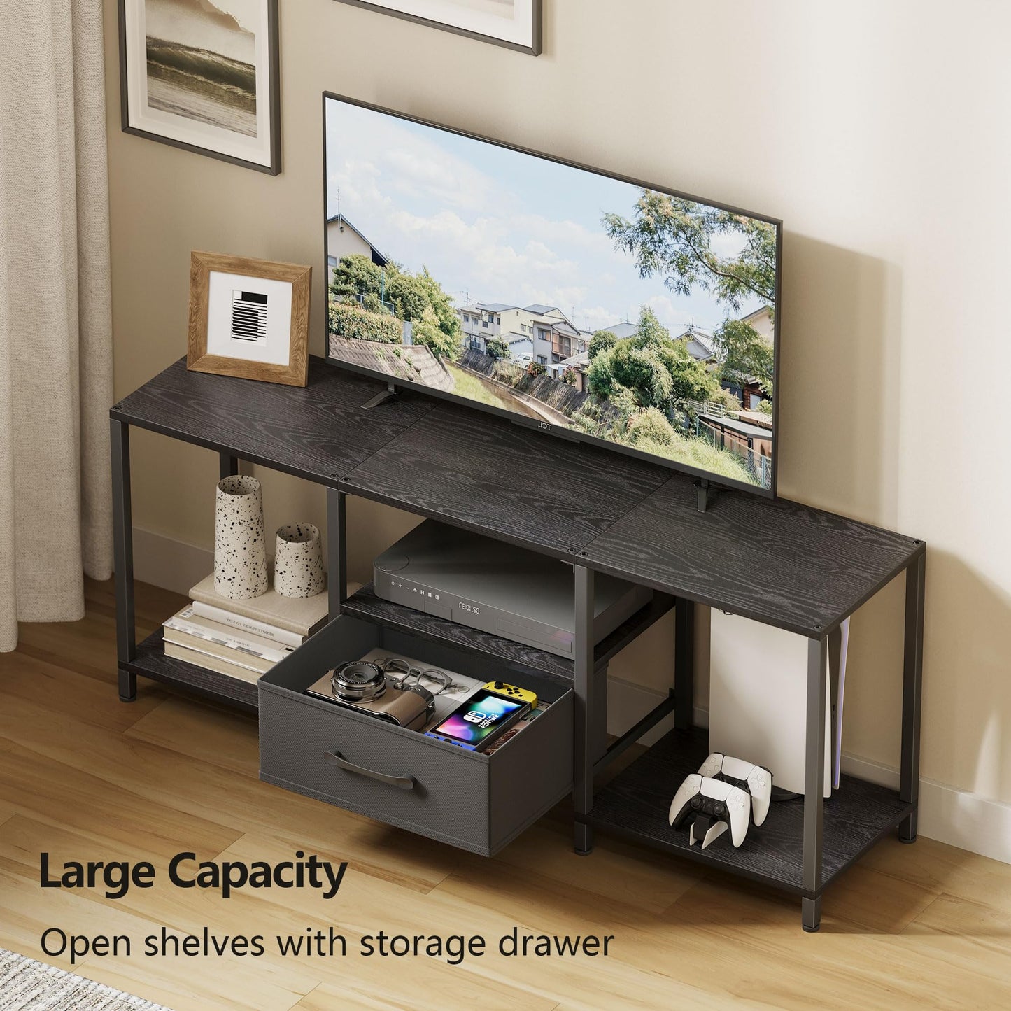 JARHETUN TV Stand with Fabric Drawer for 55 Inch TV, Entertainment Center with Open Shelves, Media TV Console Table for Living Room, Bedroom, Black