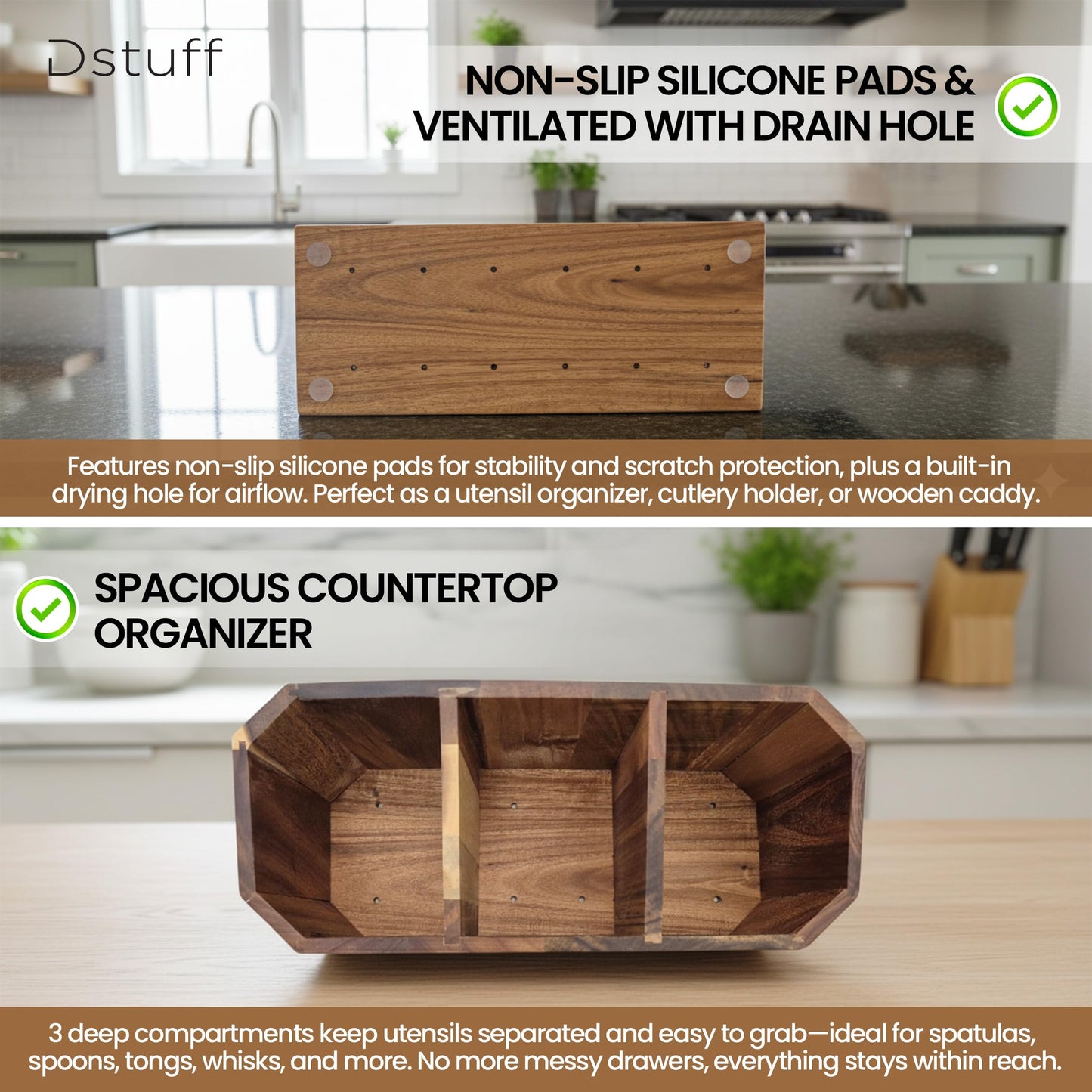 Large Kitchen Utensil Holder for Countertop – Acacia Wood Utensil Organizer with 3 Compartments, Beveled Edges Design, Non-Slip Silicone Pads & Drain Hole – Rustic Farmhouse Utensil Caddy Crock