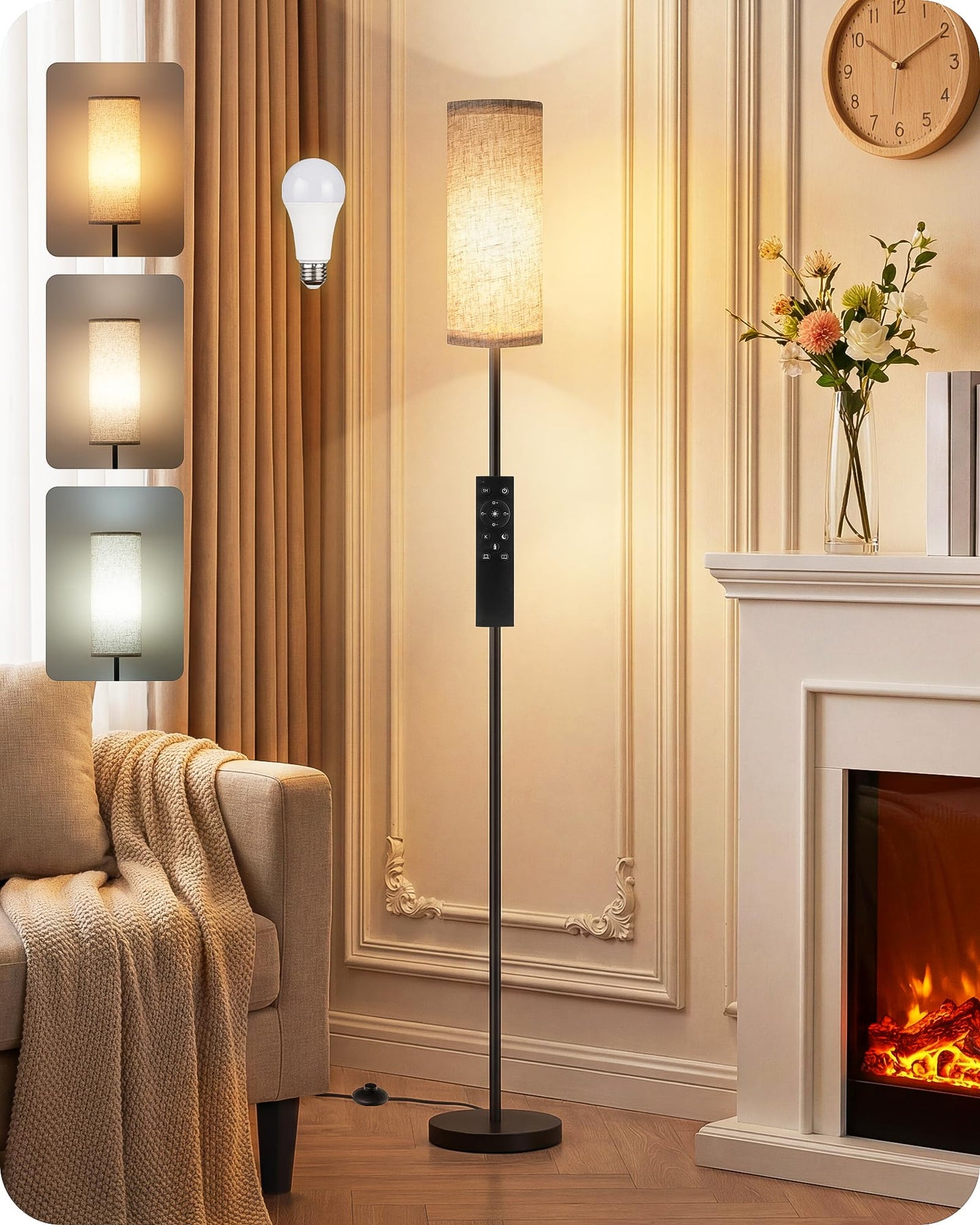 GOEBLESON Set of 2 Dimmable Floor Lamps for Living Room with 2 Remotes and Foot Switch, 64.4”Modern Standing Tall Lamp, Corner Lamp for Bedroom, Bulb Included, 3000K-6500K, Beige Shade E06LDP205W1