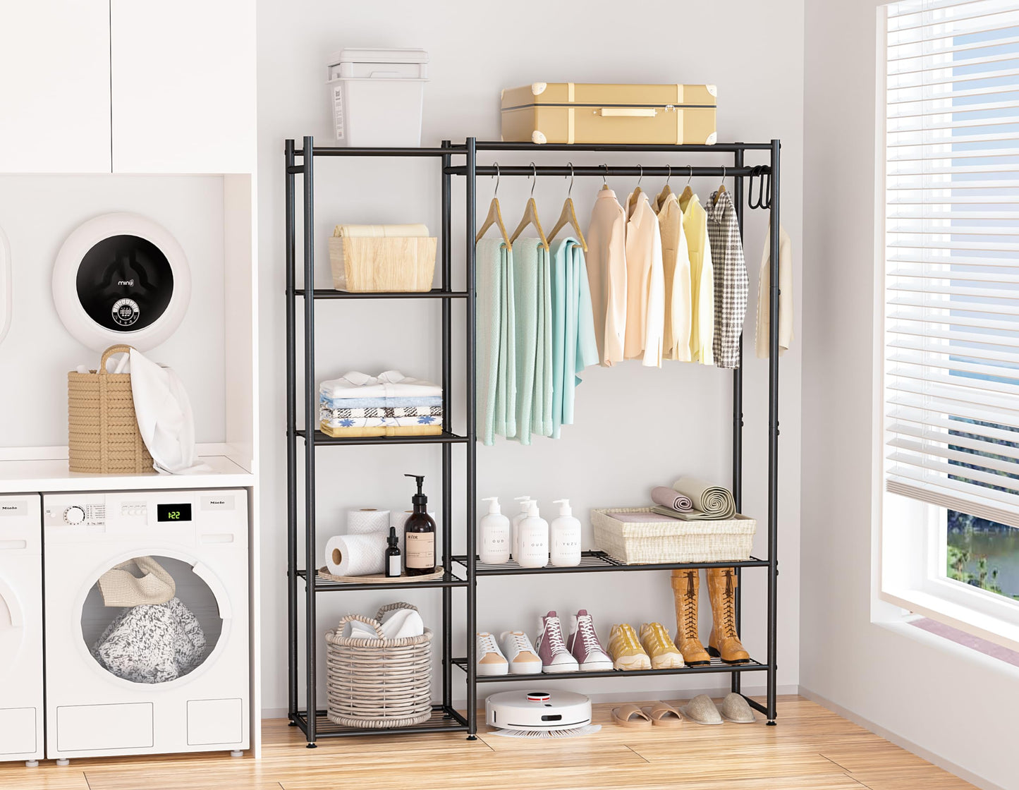 Neprock Wardrobe Closet, Portable Clothing Rack for Hanging Clothes, Free Standing Closet Organizers and Storage System with 4 Tiers Shelves for Cloakroom Bedroom, Black