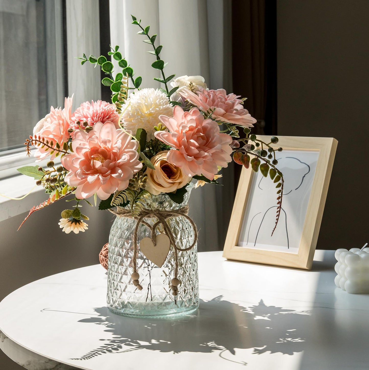 Aubcee Fake Flowers with Vase,Faux Flowers in Vase for Home Decor,Silk Pink Dahlia Artificial Flowers with Vase for Coffee Table Decor,Living Room Bathroom Plant Decor, Centerpiece Table Decorations