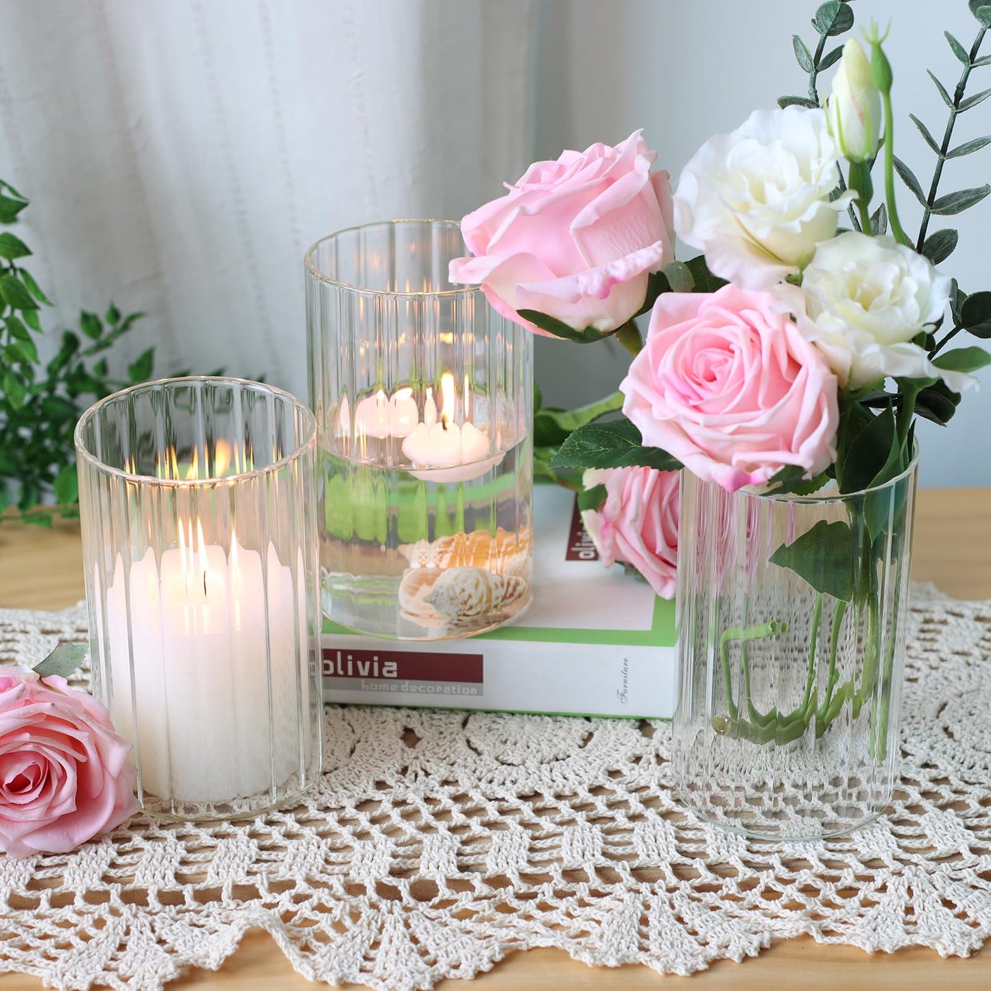 12Pcs Glass Cylinder vases for Centerpieces, 6 Inches Clear Ribbed Bud Vases for Wedding Decorations,Floral Vase Bulk Flower vases,Tall Glass Hurricane Candle Holder for Table Shelf, Party(Ribbed)