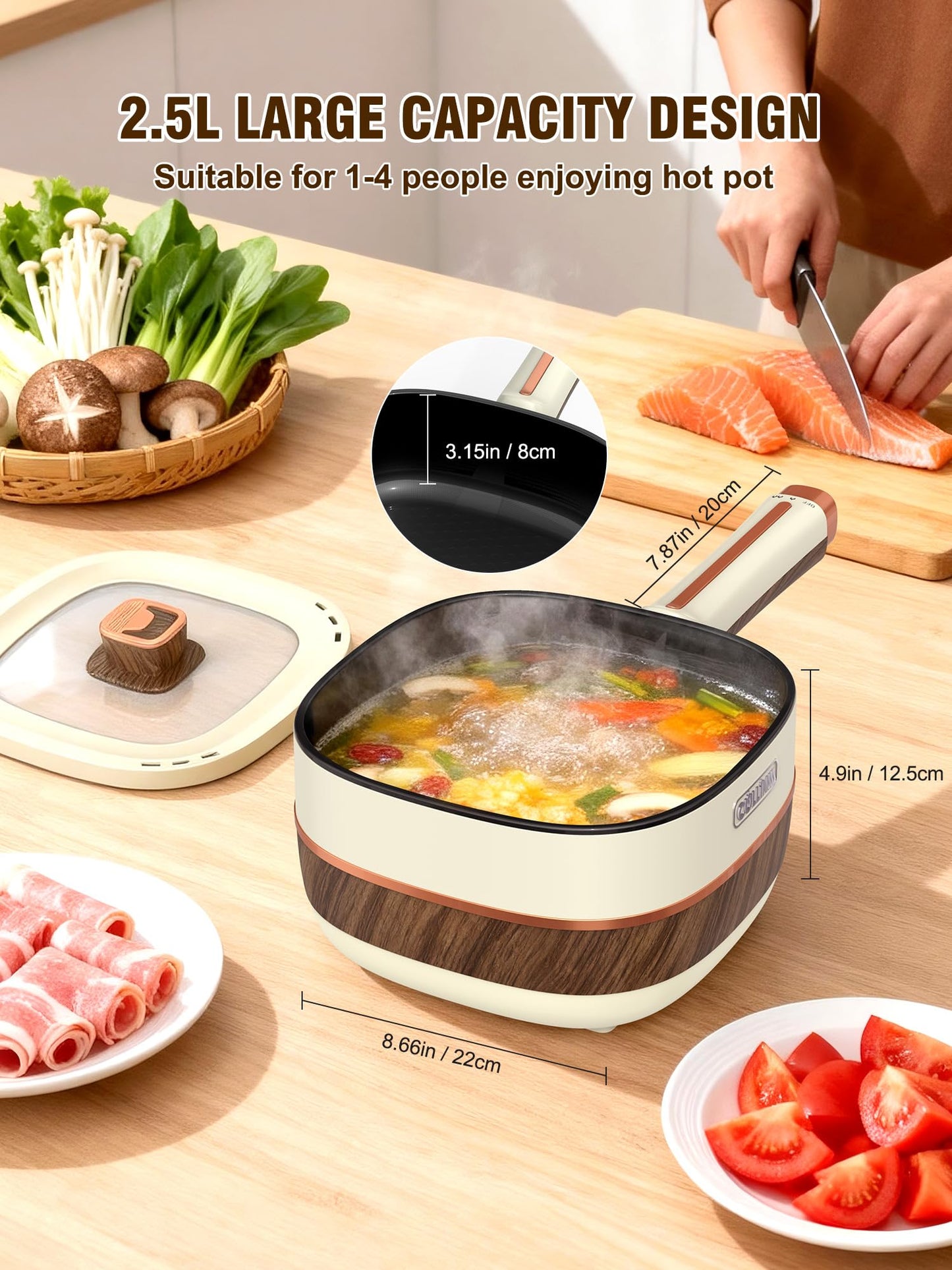 Cullinsss Hot Pot Electric for Cooking 2.5L Non-Stick Portable Cooker Frying Sauté Pan for Ramen Soup Oatmeal Steak Dorm Room Travel Lazy Pot with Power Adjustment