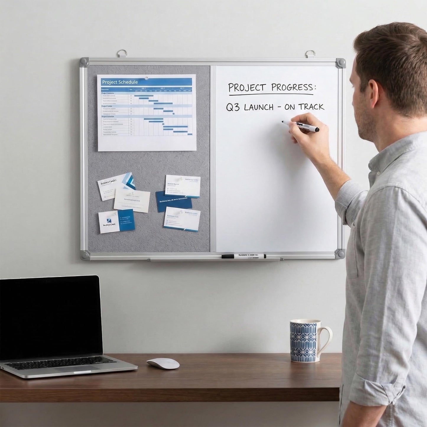 DexBoard Grey Bulletin Board and White Board Combo, 24 x 18 Inch Fabric Board, Magnetic Dry Erase Board & Corkboard for Wall, Vision Board for Home, Office, School