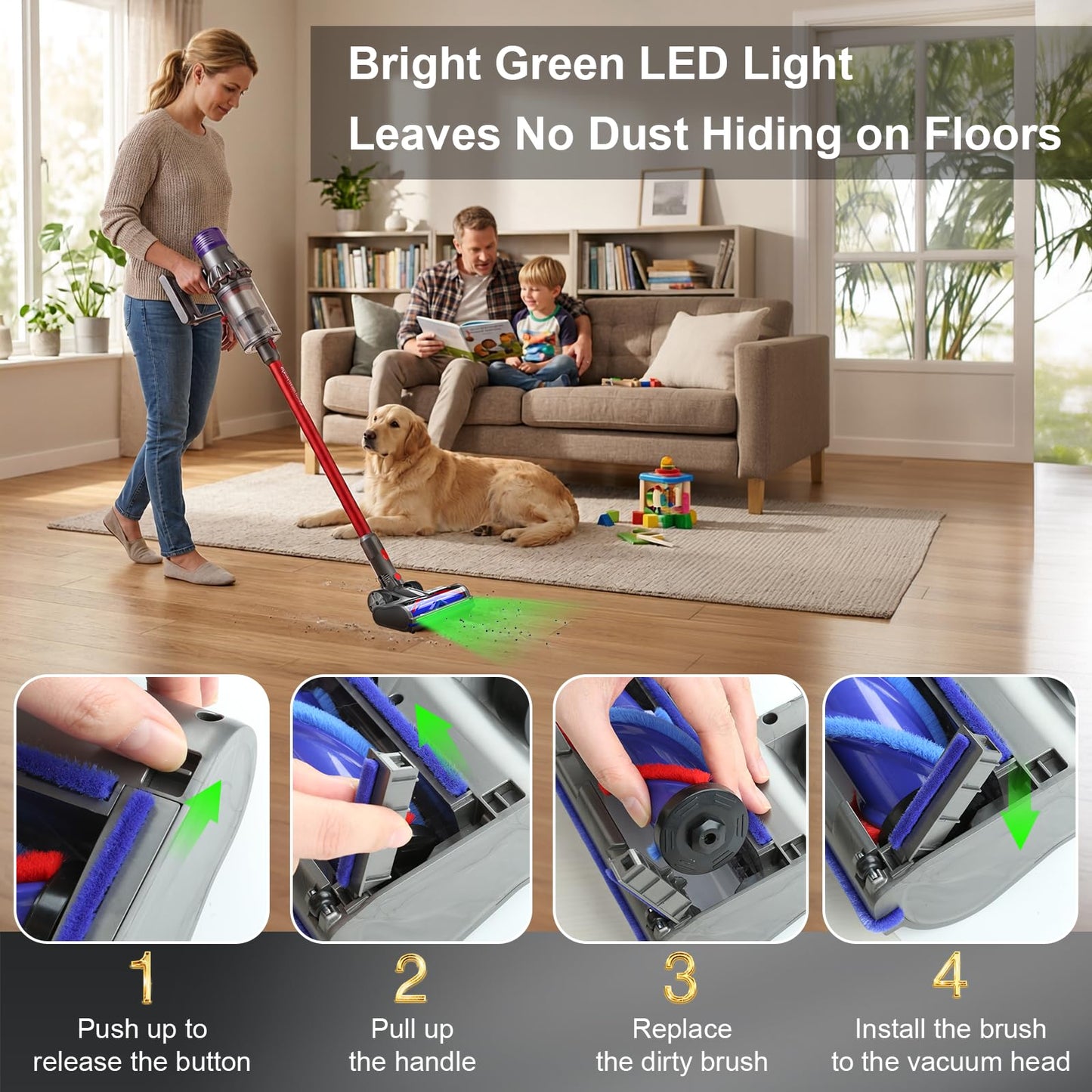 Upgraded 2 Head Replacement for Dy-son V7 V8 V10 V11 V15 Cordless Vacuum Cleaner, Anti-Tangle Motor-Driven Brush Roll with Full-Area LED Light Dust Detection, Quick-Release Attachment for Hard Floors