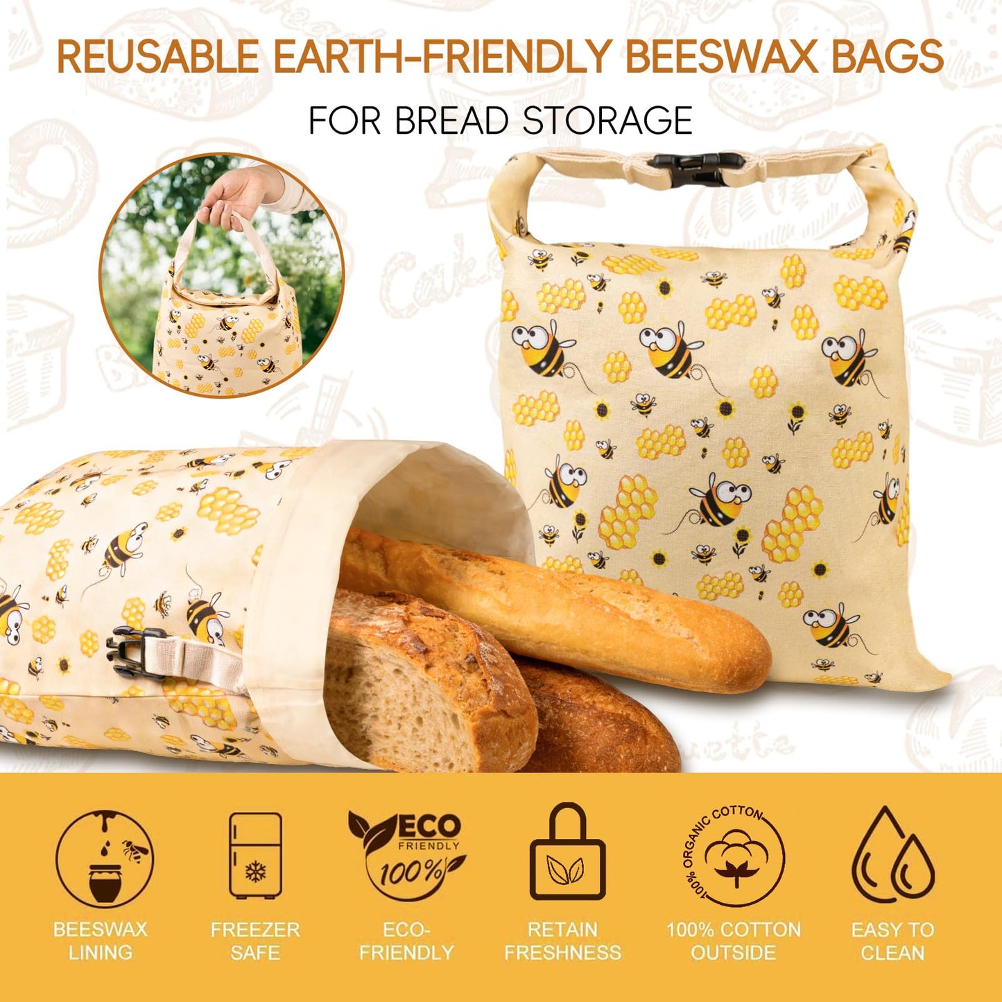Zackoo XL Beeswax Bread Bags for Homemade Sourdough Bread (2 Pack), Reusable Cotton Linen Bread Storage Bags with Removable Beeswax Lining, Freezer Friendly, Keeps Bread Fresh
