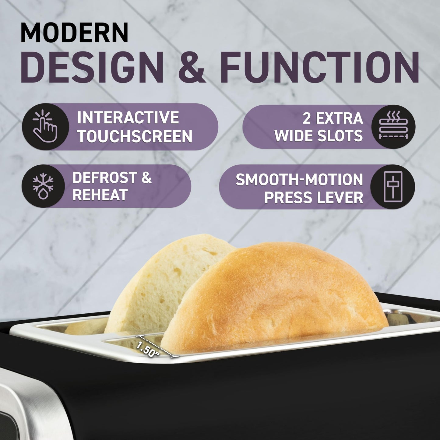 Inspirex Touch Screen Toaster - 2 Extra Wide Slots - 5 Bread Types and 6 Browning Levels - Defrost, Reheat, Favorite, & Single Slot Modes - For Toast, Bagels, & Waffles – Black